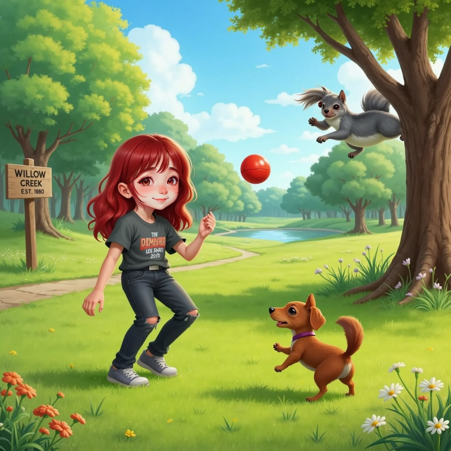 On the sun-bright park lawn, Lily tosses the red ball toward Schnitzel mid-air catch, while a grey squirrel with bushy tail waves goodbye from a high branch against clear blue sky.