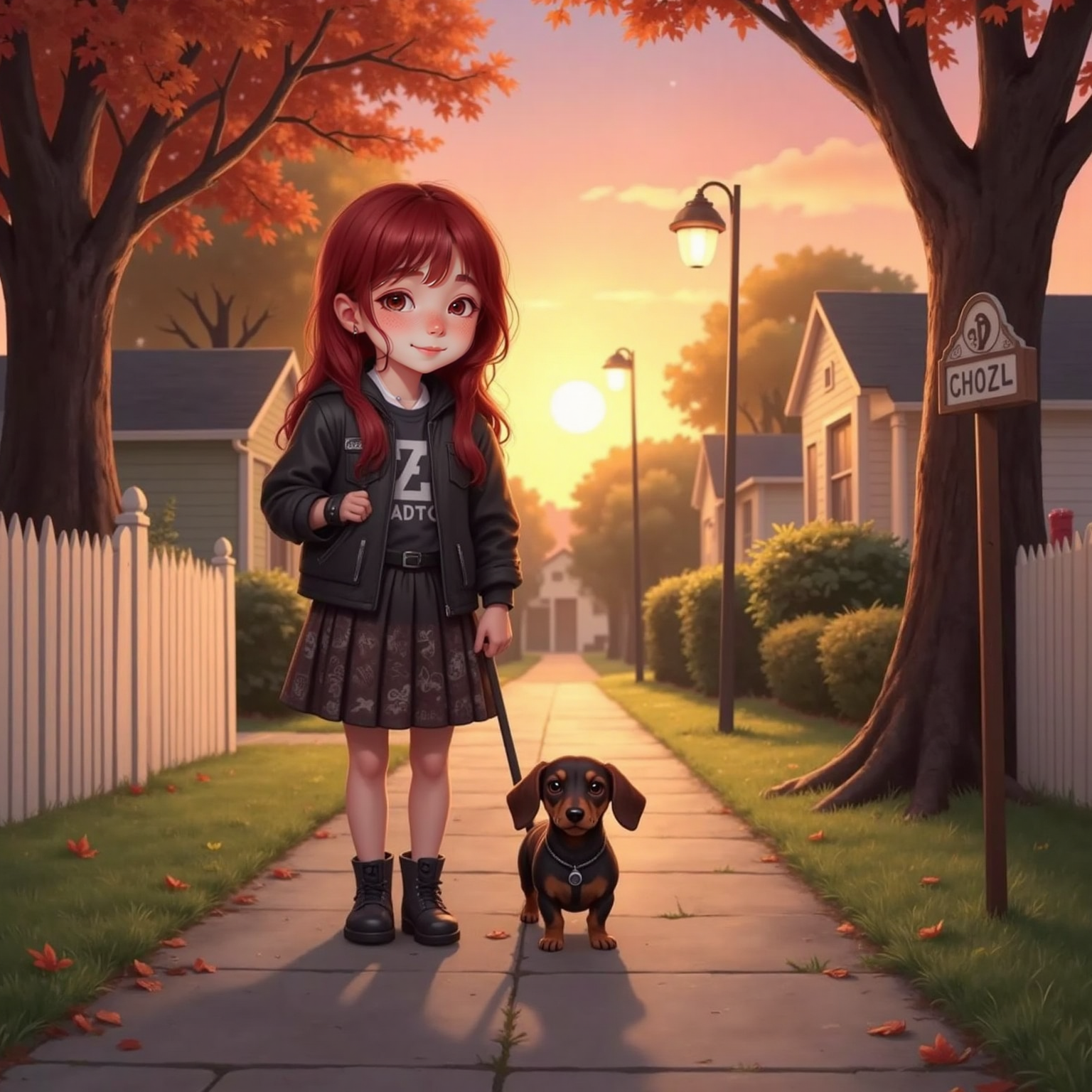 Along a tree-lined sidewalk glowing pink at sunset, Lily walks home holding Schnitzel’s leash, their silhouettes side-by-side against the warm sky as streetlights flicker on.