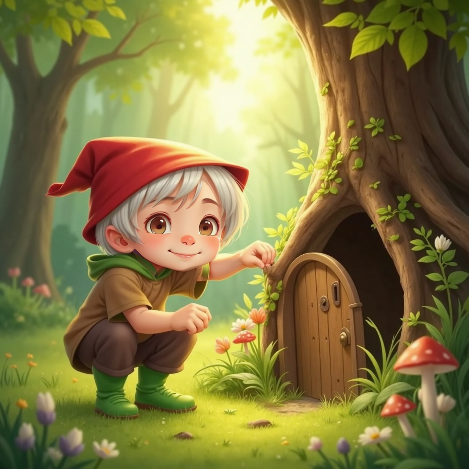 In the sunny morning clearing behind the old oak tree, Gnomie crouches in bright grass, eyes wide, as he opens a tiny sparkling gate tucked among roots. Sunlight filters through leaves, highlighting his excited expression.