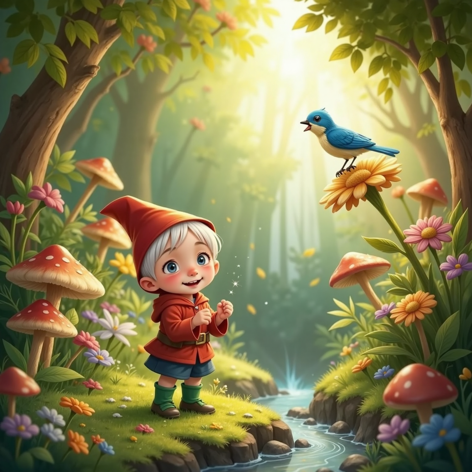 Inside the vibrant secret garden, Gnomie stands amid dancing, glittering flowers while a talking bluebird perches on a blooming stem. Warm midday light bathes the scene, and Gnomie beams, hands lifted in surprise.