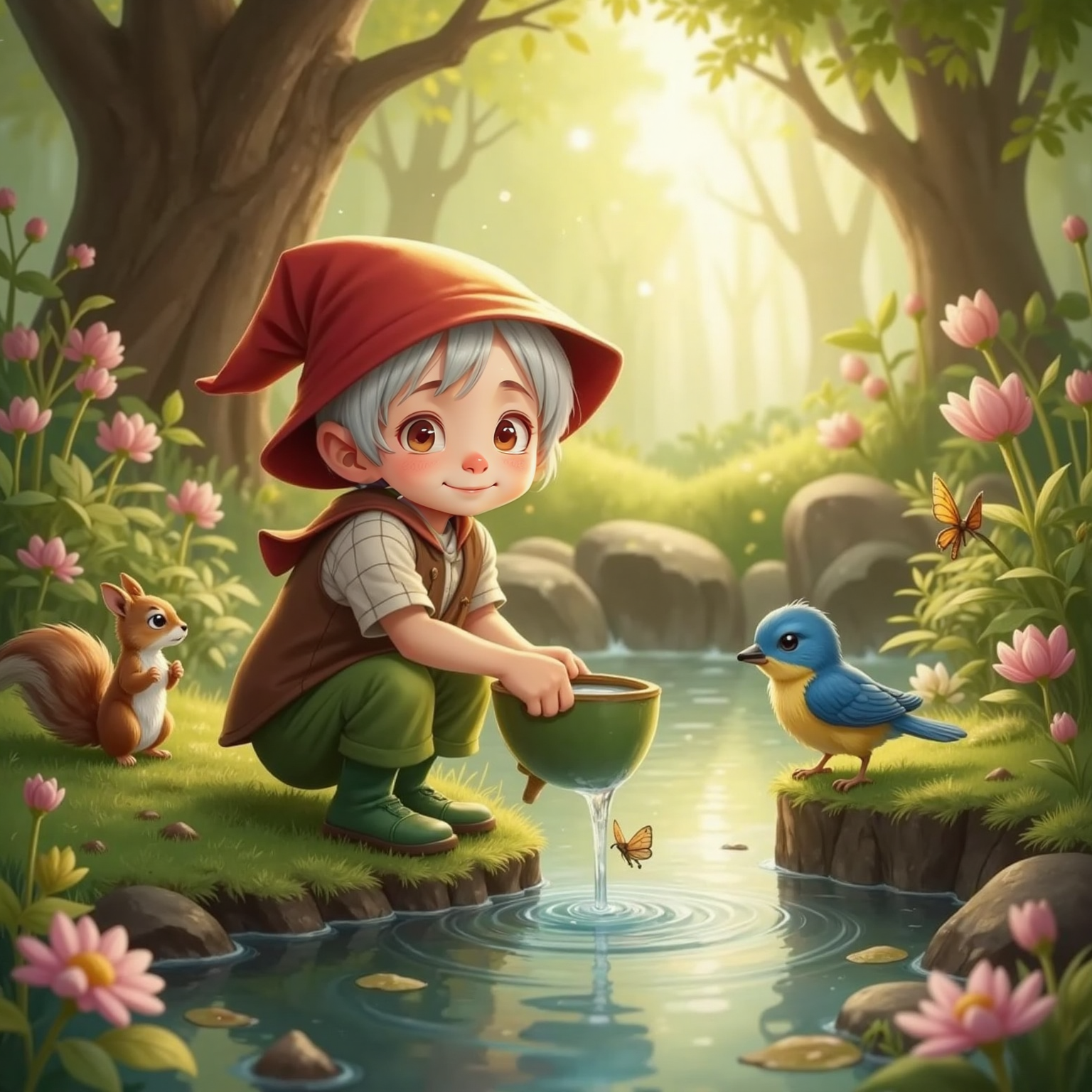 Beside a shimmering pond in soft afternoon light, Gnomie kneels on mossy stones, extending a tiny leaf cup filled with water toward the thirsty bluebird. Newly blossomed sparkling flowers frame their gentle moment.