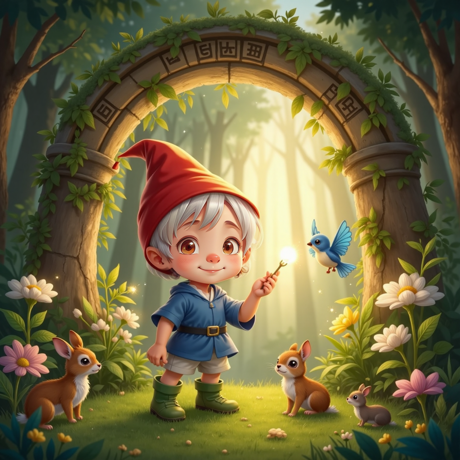 At dusk in the garden’s glowing heart, Gnomie stands before a radiant stone archway while the bluebird hovers nearby, flowers and small animals gathering around. Warm golden light spills through the arch, illuminating his joyful smile.