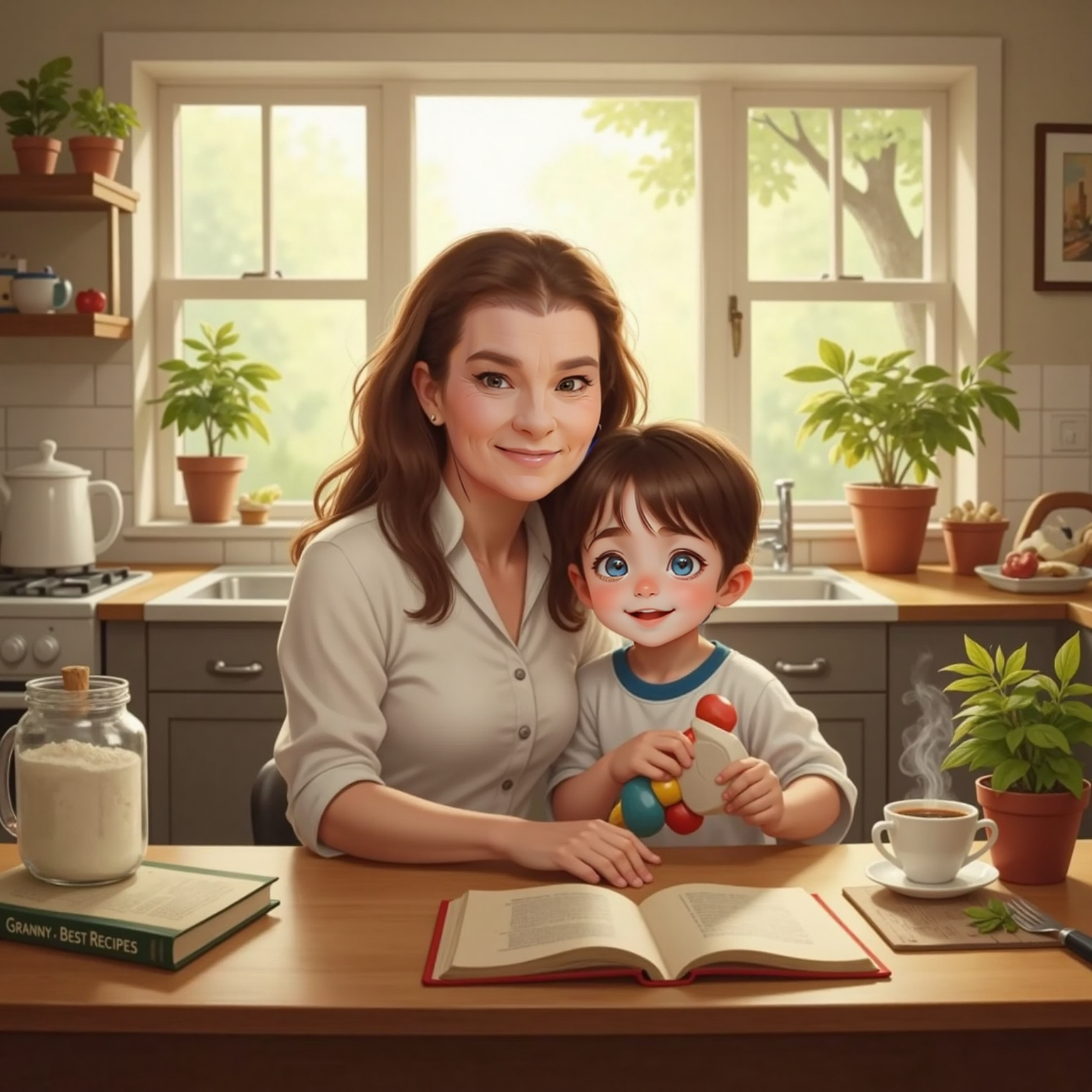 Inside Granny's bright morning kitchen, Granny sits at the wooden table while John Jr hugs her waist and waves his colorful toy toward the sunlit window. Warm sunlight highlights flour jars and a steaming teacup on the counter.