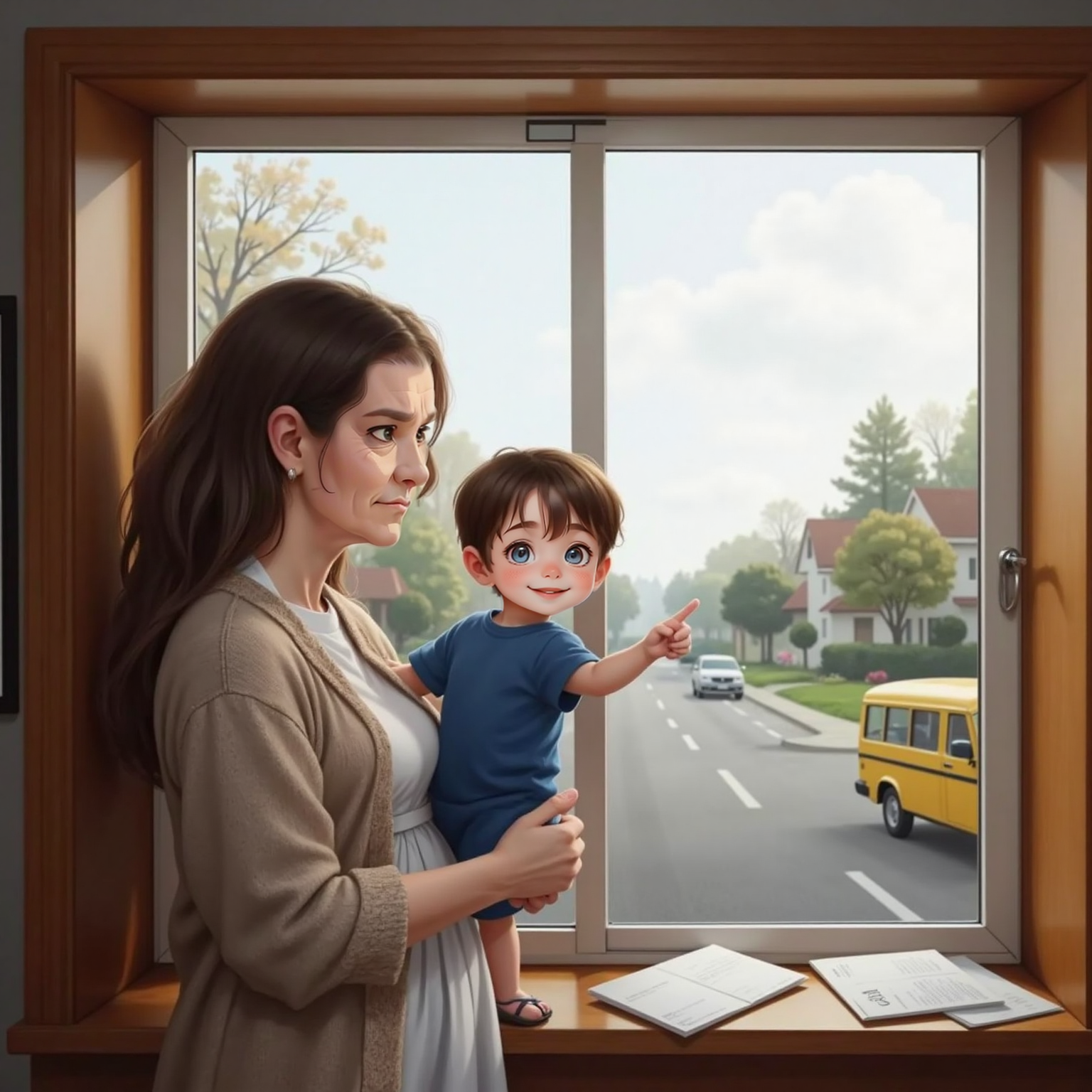 At the living-room window on a cloudy afternoon, Granny holds John Jr as he points outside toward empty mailboxes and a buzzing street. Soft grey light filters in, illuminating Granny's worried frown and the scattered envelopes on the sill.