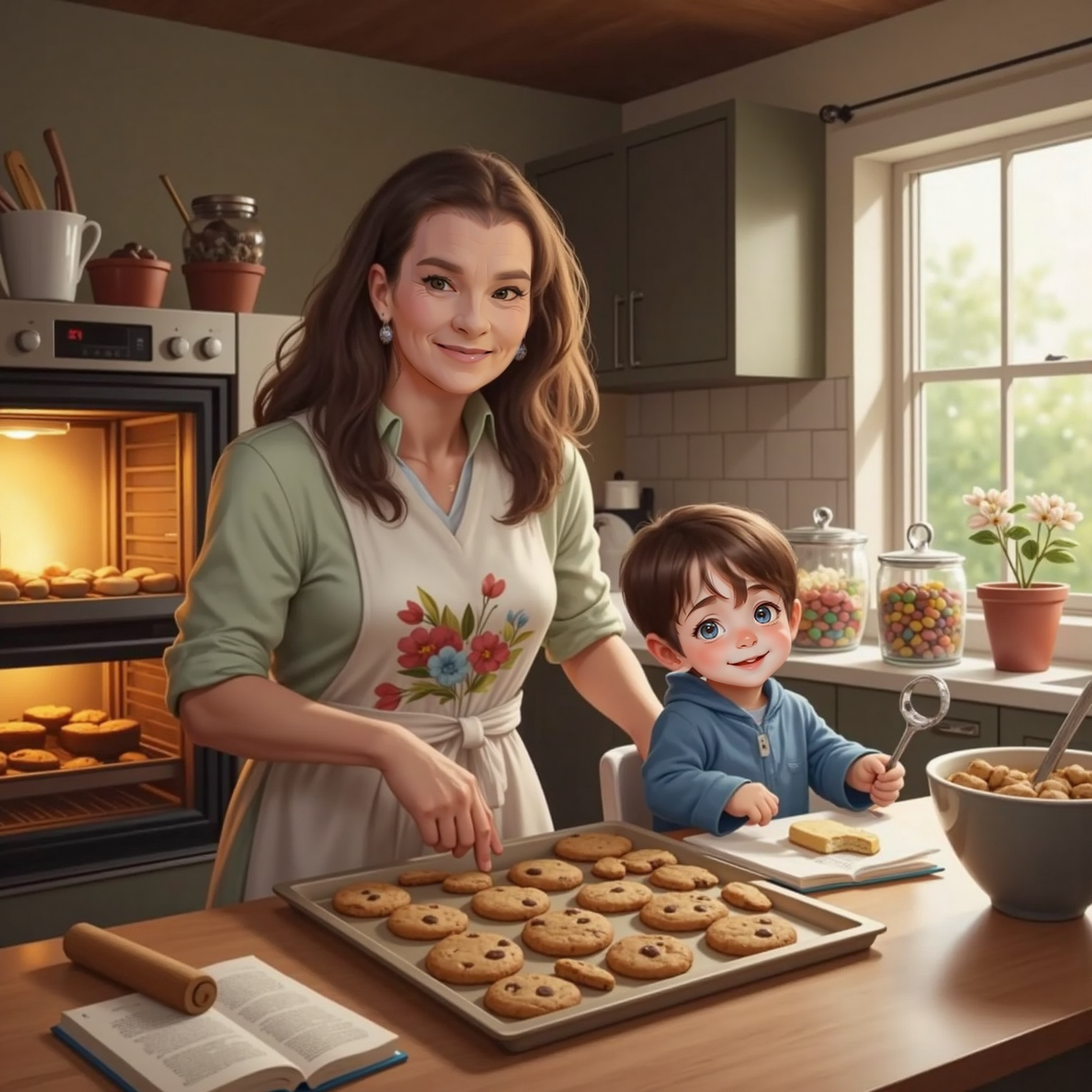 In the warm kitchen lit by an oven glow, Granny pulls a tray of fresh cookies while John Jr shakes a silver rattle beside the counter. Chocolate chips glisten, flour dust floats, and a mixing bowl sits near Granny’s elbow.