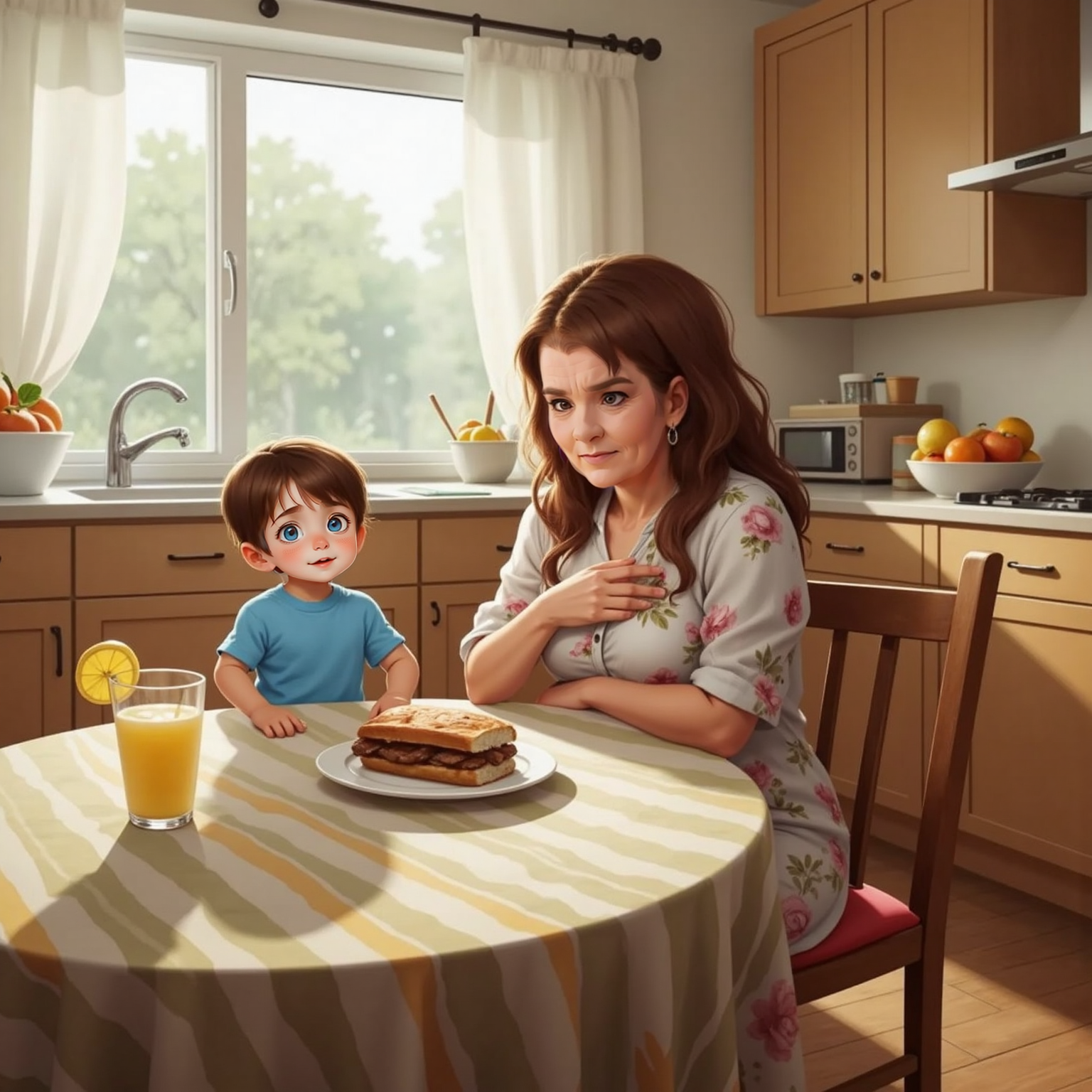 At the sunny kitchen table, Granny clutches her chest and sinks onto a chair, half-eaten BBQ beef sandwich on the plate. Afternoon light streaks through curtains as John Jr stands nearby, eyes wide beside her tipped glass of lemonade.