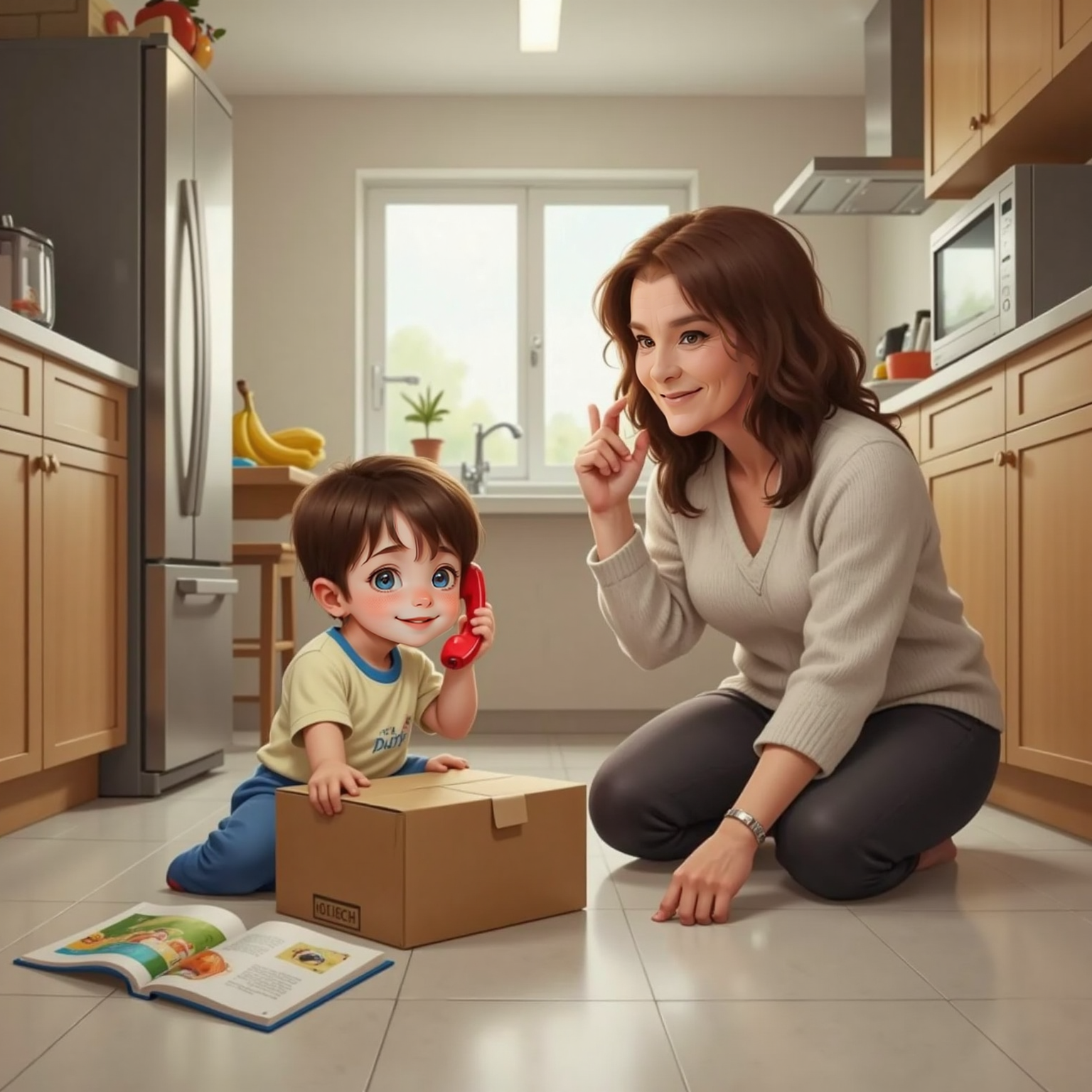Under bright kitchen lights, John Jr presses a plastic play phone to his ear and points at a small cardboard box on the counter. Granny sits pale on the floor, giving him a weak, grateful smile.