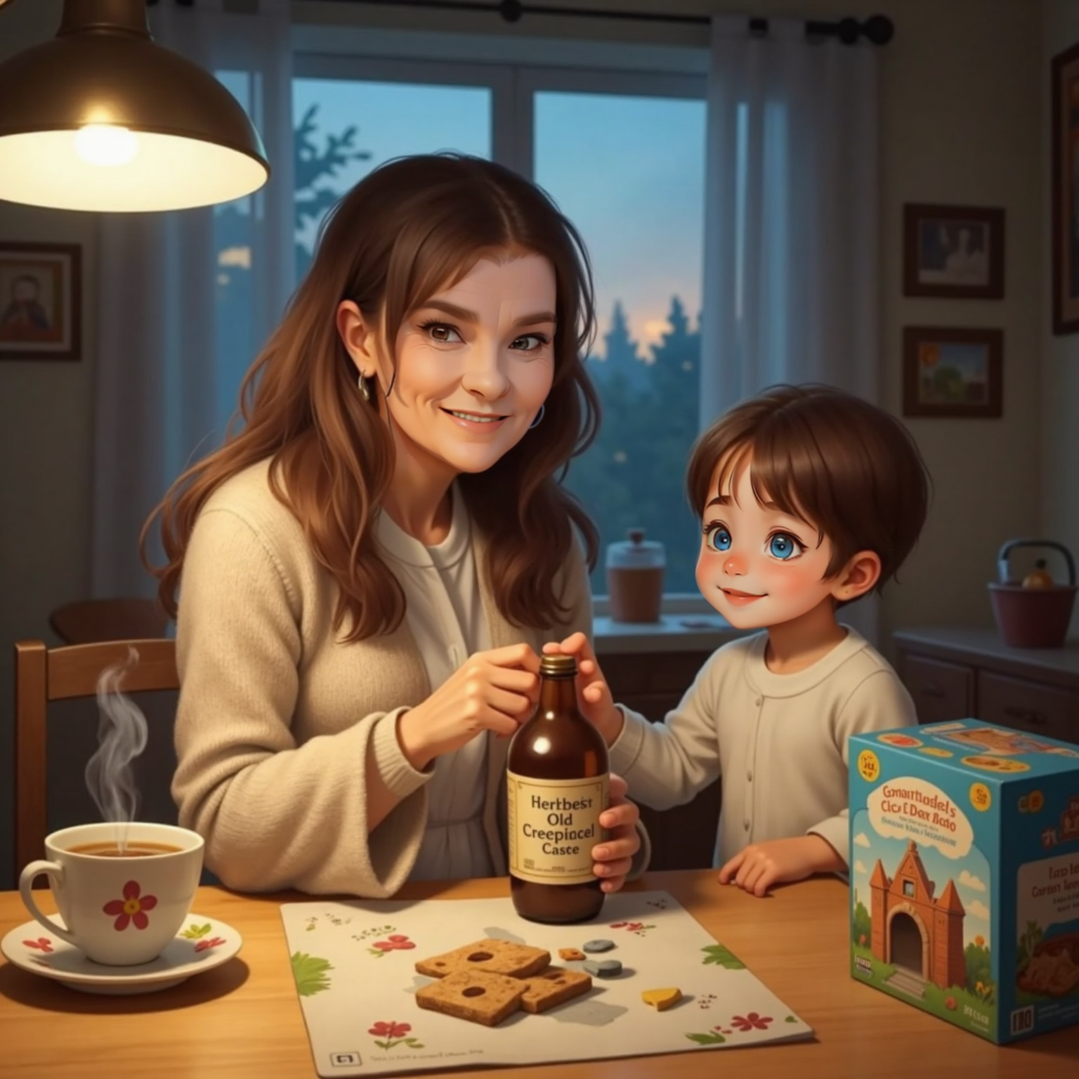 Evening lamp-light bathes the kitchen table where John Jr hands Granny a brown bottle labeled 'C₁₀H₁₅N' and a steaming cup of tea. They sit close, fingers intertwined, eyes fixed on the bottle while the unopened box rests beside them.