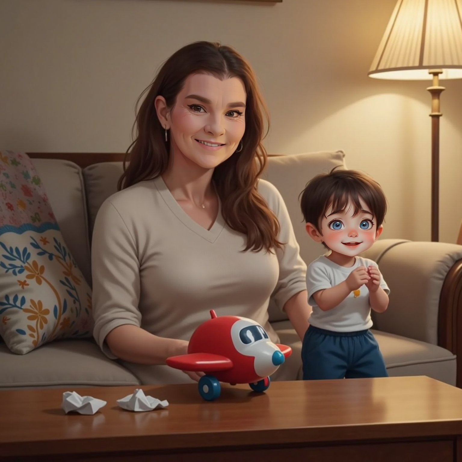 On the living-room couch under soft evening lamplight, Granny leans back smiling while John Jr stands on cushions clapping. A plush toy airplane lies between them, and empty medicine wrappers rest on the coffee table.