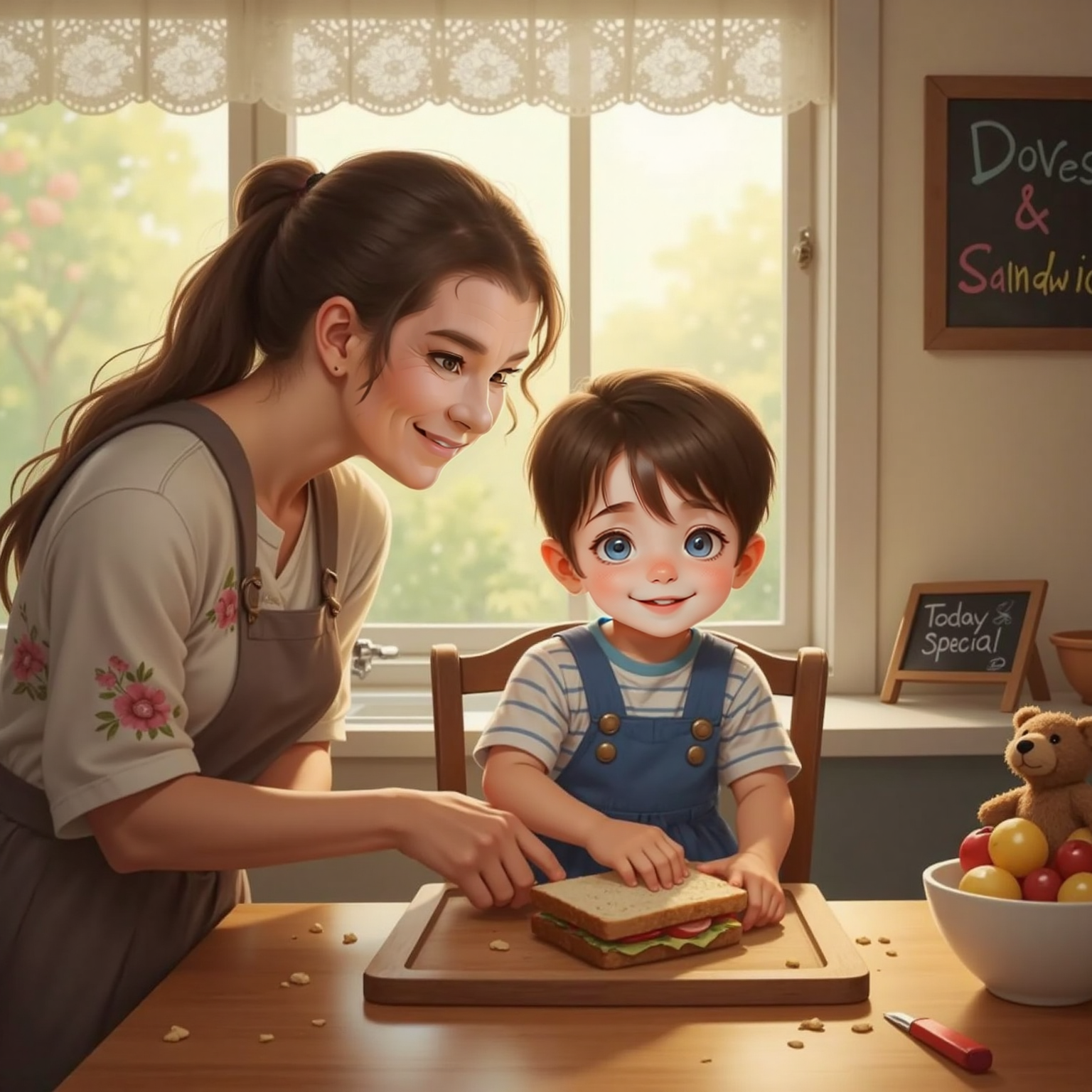 Morning sun fills the kitchen as Granny and John Jr bend over a cutting board, eyeing a partly opened sandwich for hidden trouble. Crumbs scatter while they grin at each other, turning lunchtime into a joyful inspection game.