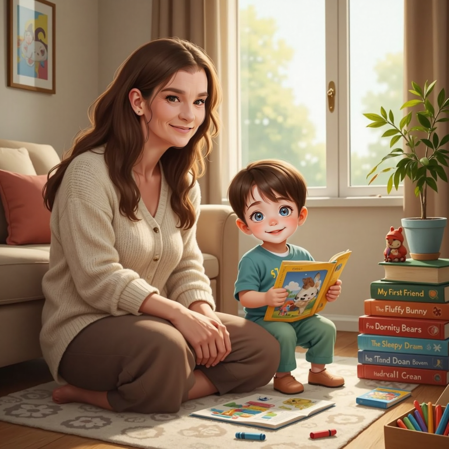 In the sunny living-room afternoon, Granny sits on the rug coloring a picture book beside John Jr, who proudly holds up a crayon-covered page. Stacks of storybooks and a box of crayons surround them, creating a colorful, safe haven.