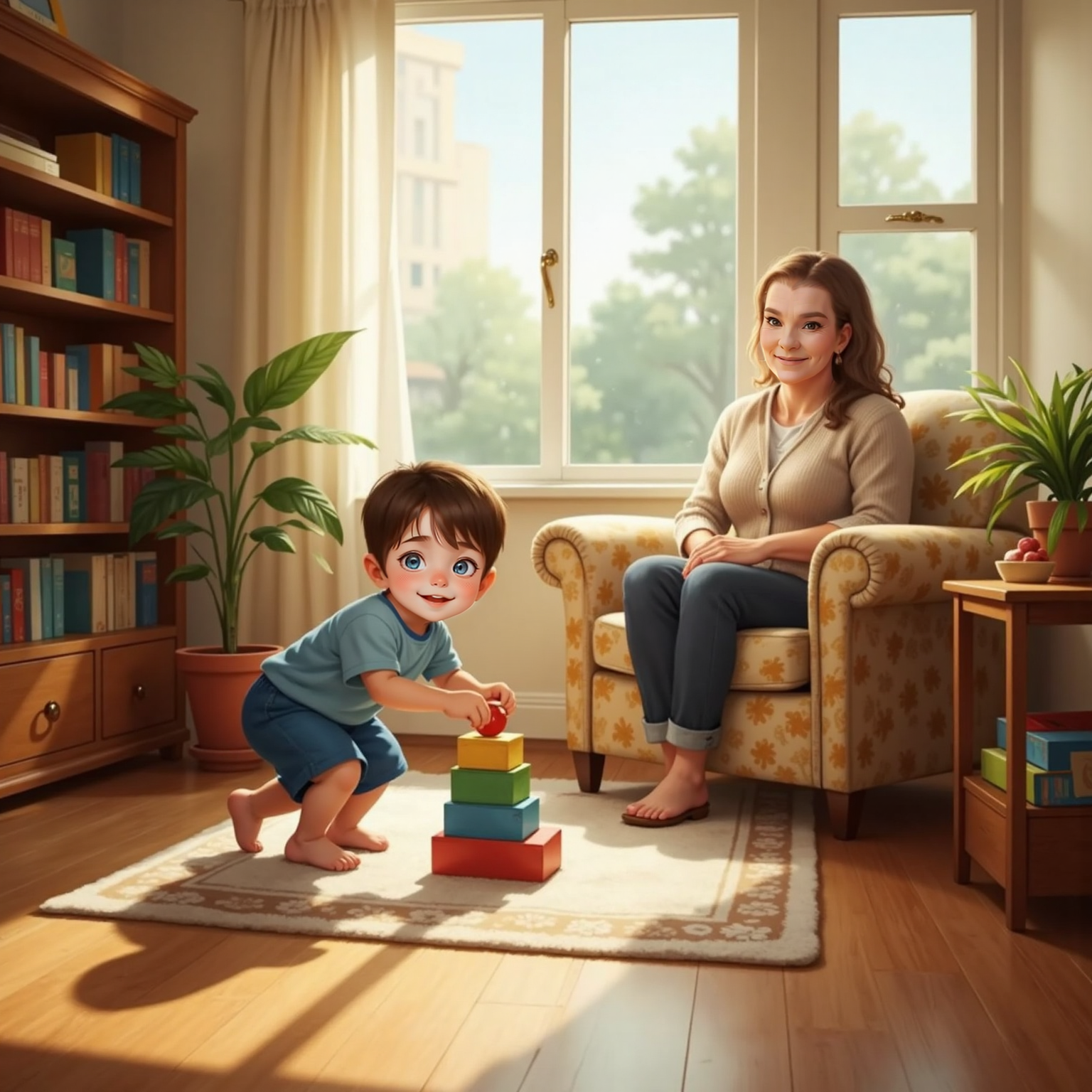 Late-morning light streams across the living-room floor where John Jr crawls after brightly stacked blocks, giggling. From an armchair by the window, Granny watches with a peaceful smile, hands folded, as dust motes drift gently in the calm air.