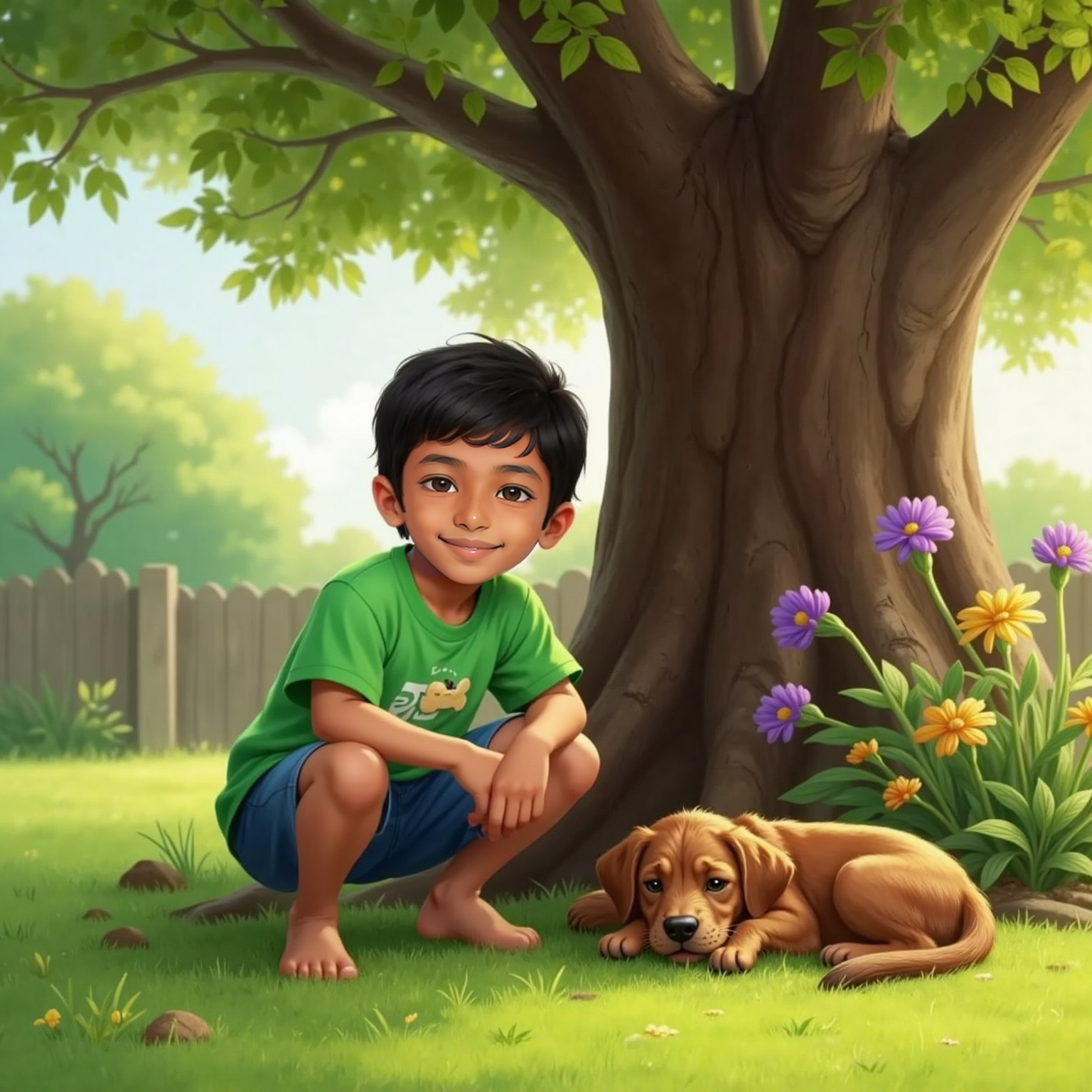 Beneath the big oak in the sunny backyard, Siva Avaneesh crouches beside a sleeping brown dog, grinning warmly. Dappled morning light filters through leaves onto the boy’s face and the dog’s gently wagging tail.