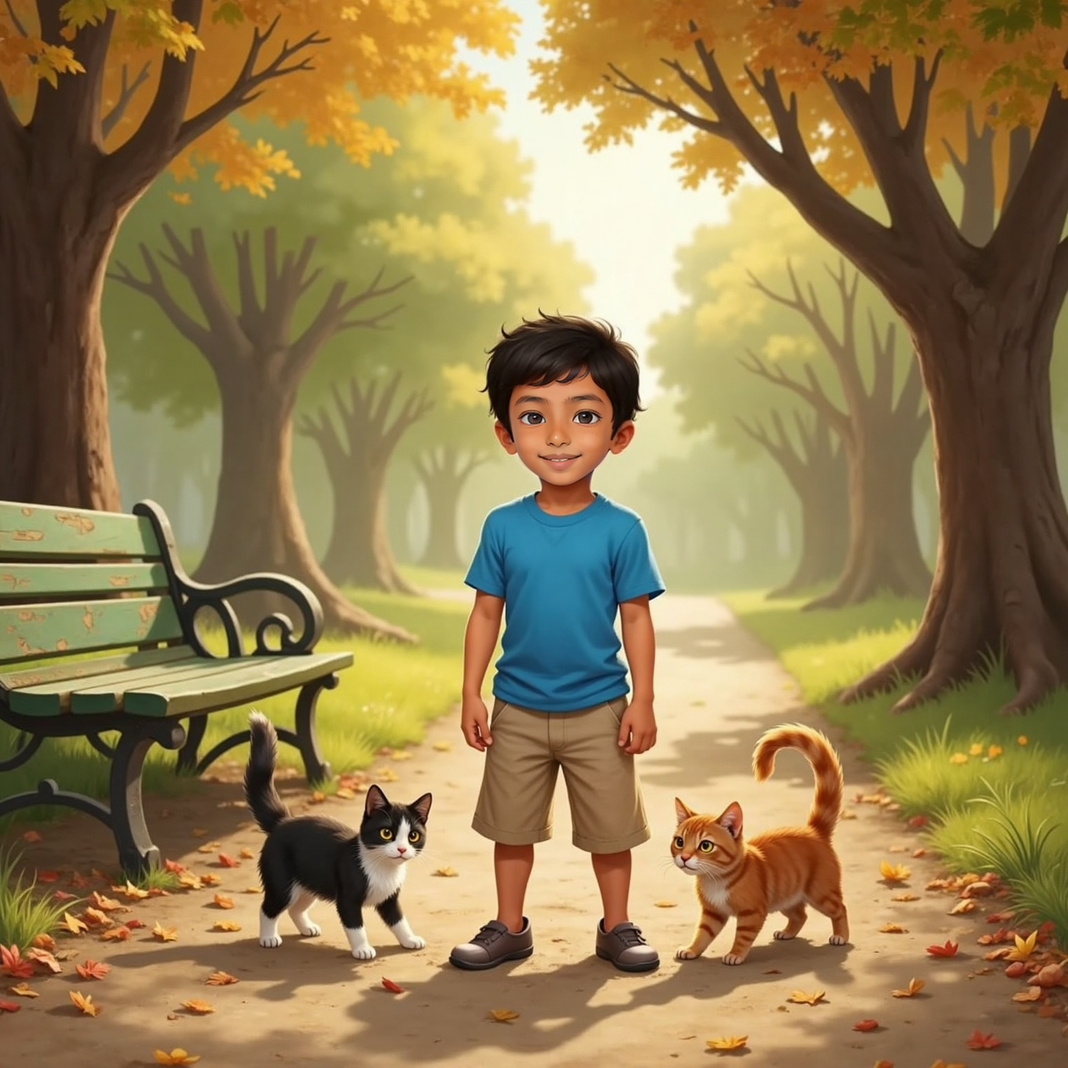 On the park path beside a wooden bench, Siva Avaneesh stands laughing as two playful cats spin in circles, tails intertwined. Late-afternoon sunlight flashes off swirling leaves they chase across the dusty ground.