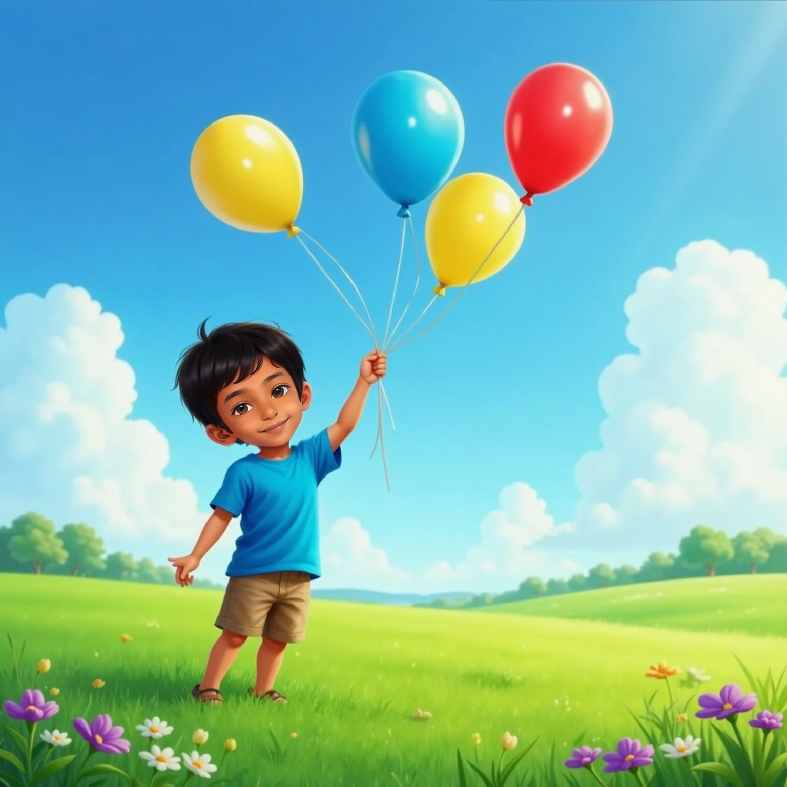 In an open meadow under a clear noon sky, Siva Avaneesh stretches his arm upward, smiling at three bright balloons drifting overhead. Sunlight gleams on their red, yellow, and blue skins against the wide blue backdrop.