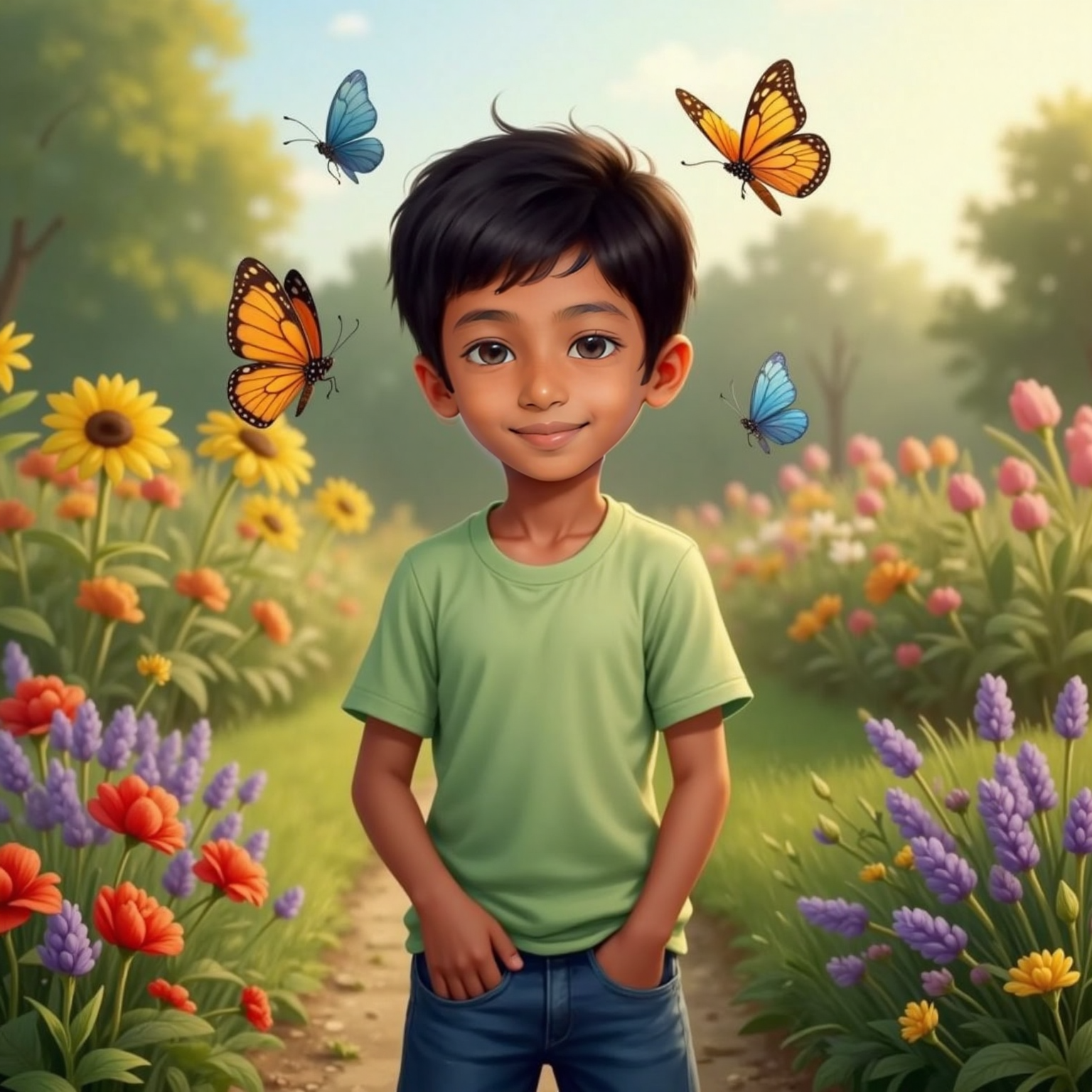 Among blooming garden beds on a warm afternoon, Siva Avaneesh stands amid tall flowers, eyes wide with delight. Four vivid butterflies hover just above his head, sunlit wings casting tiny colored shadows on his cheeks.