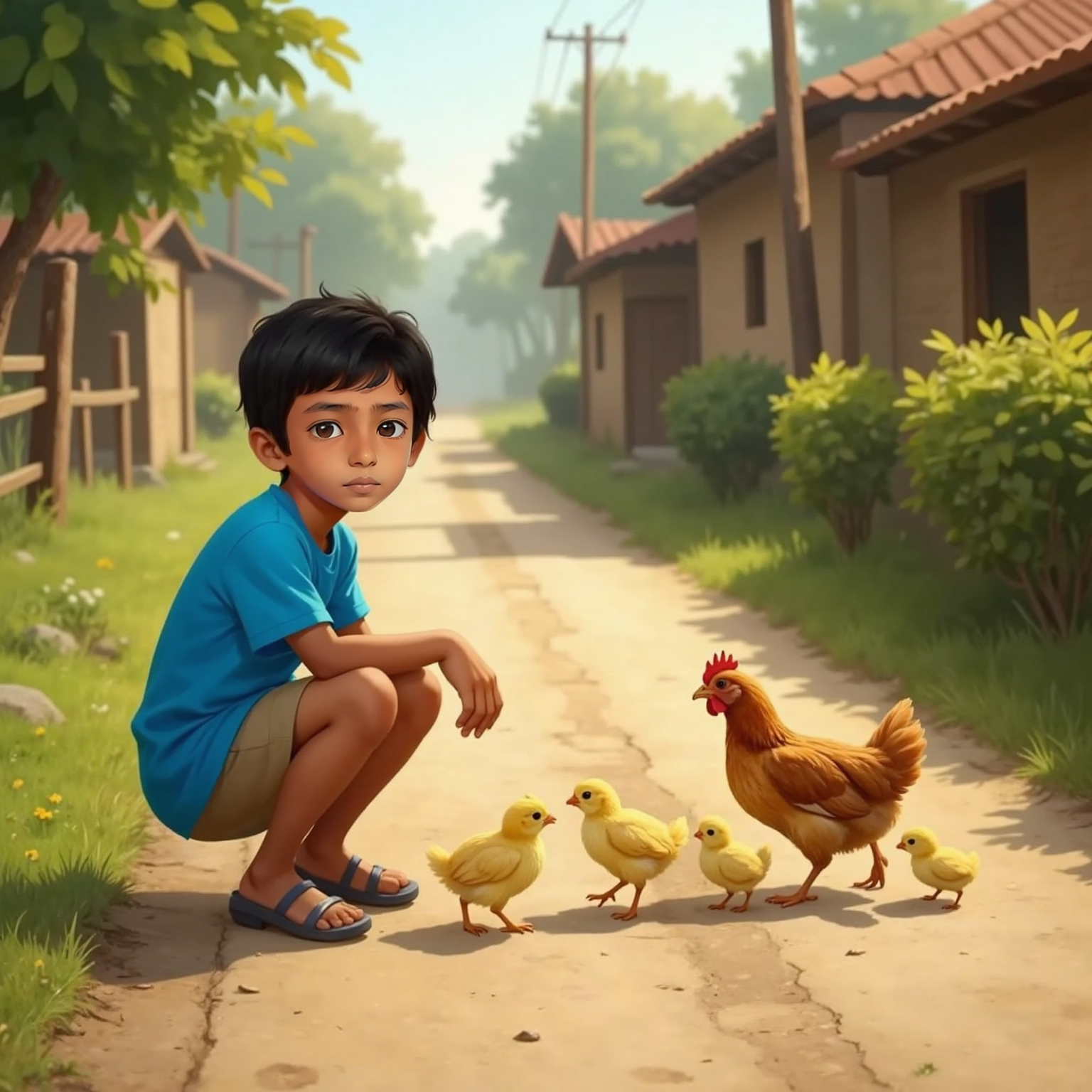 At a quiet village road under bright morning sun, Siva Avaneesh kneels on the curb, hand outstretched in concern. Five fluffy chicks scurry across the dusty lane toward a waiting mother hen, shadows crisp beneath them.