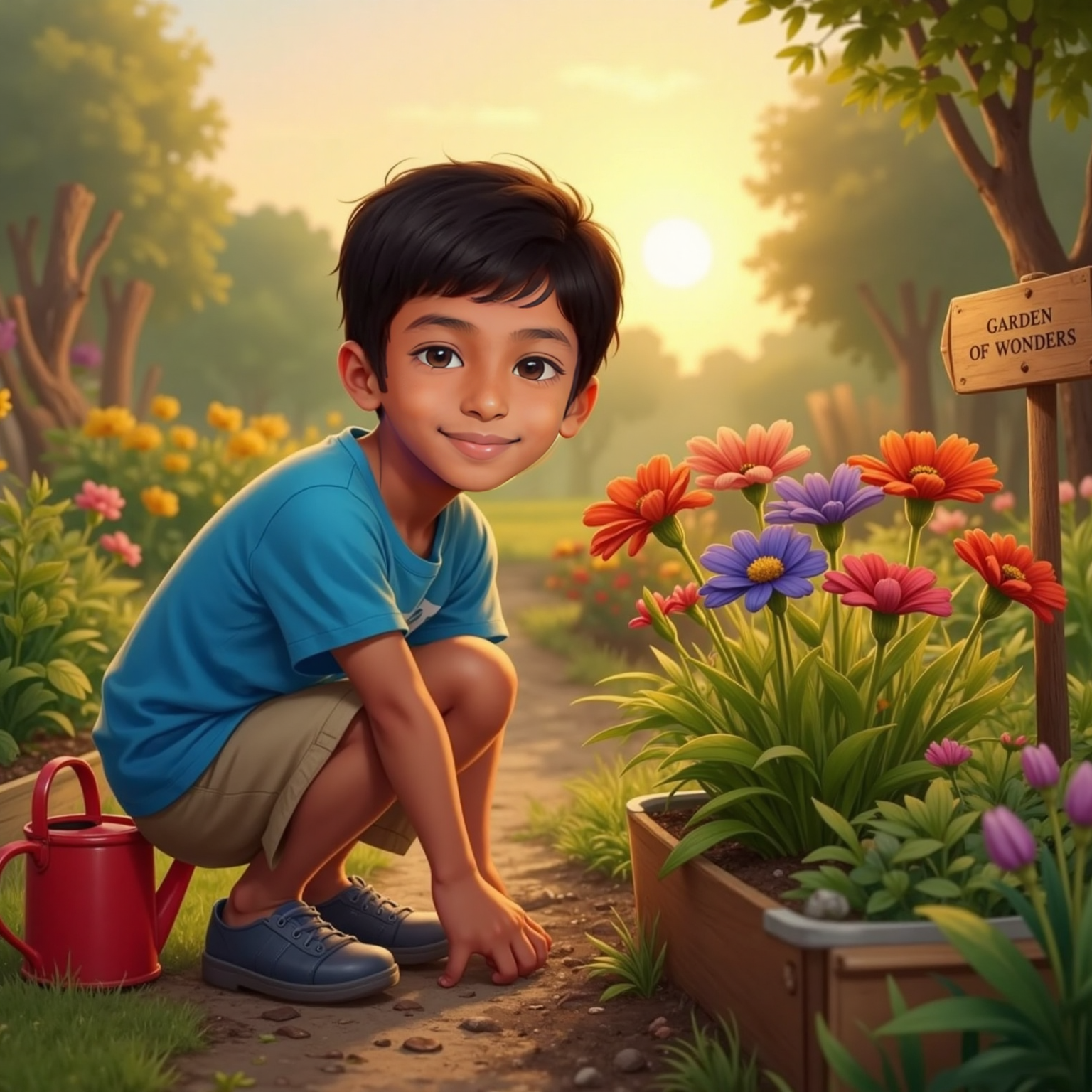 Inside the community garden during golden sunset, Siva Avaneesh leans forward to sniff seven vividly colored blossoms arranged in a semicircle. Warm light bathes his smiling face while flower petals glow crimson, orange, indigo, and more.