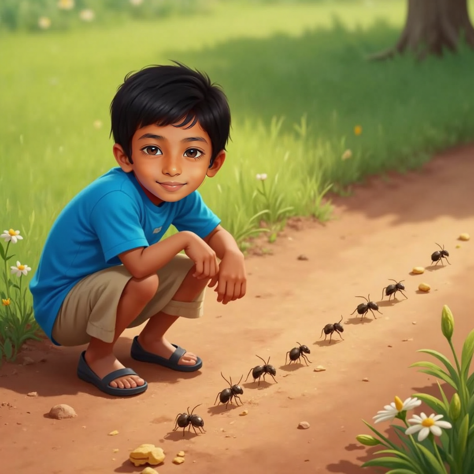 Beside a dirt path on a bright afternoon, Siva Avaneesh crouches low, eyes level with eight tiny ants marching in a perfectly straight line. Sunlight sparkles on the crumbs they carry toward a shadowed nest entrance.
