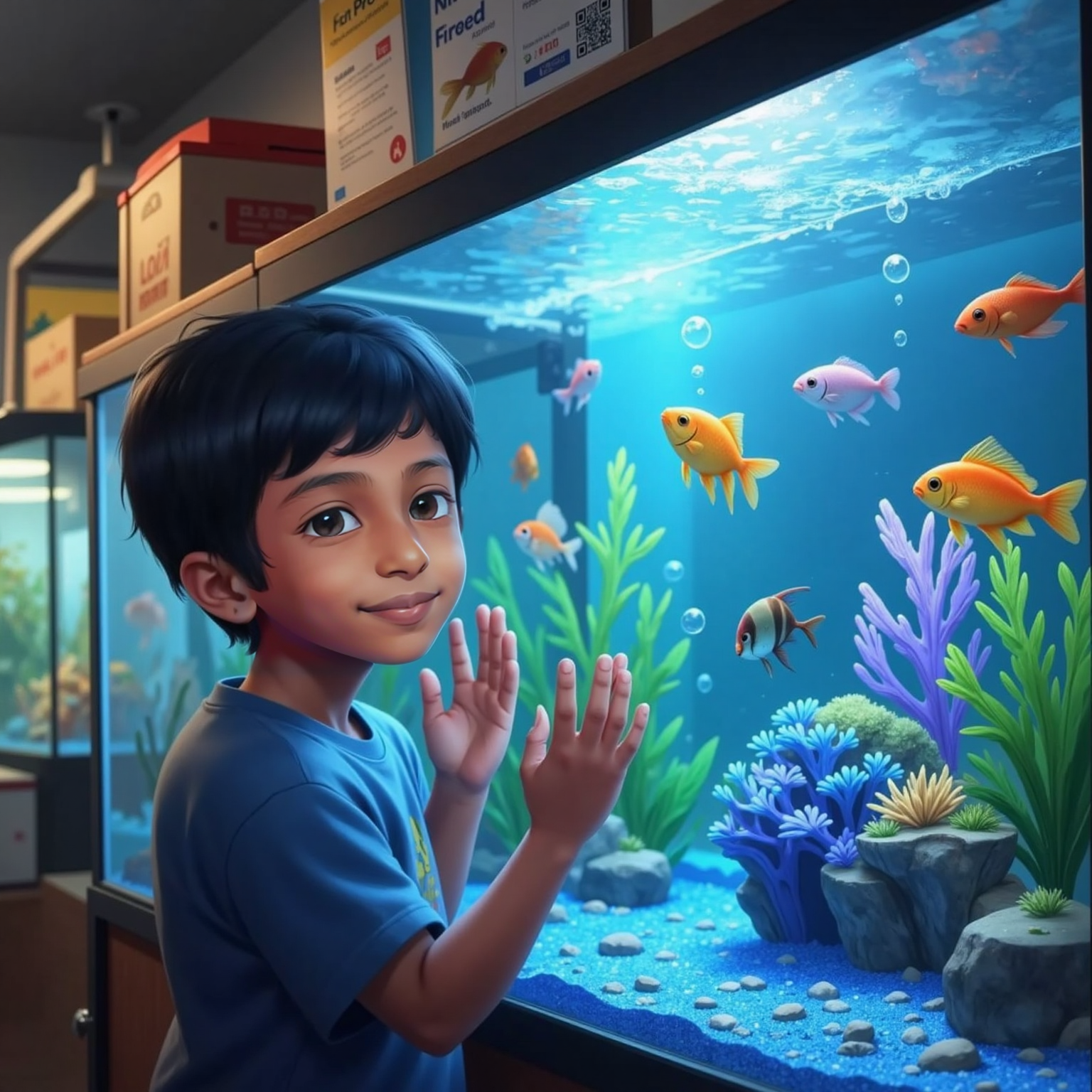 Inside the pet shop’s fluorescent-lit aquarium aisle, Siva Avaneesh presses both palms to a glass tank brimming with ten colorful fish. Neon scales shimmer, casting wavering reflections over his fascinated eyes and the plastic coral.