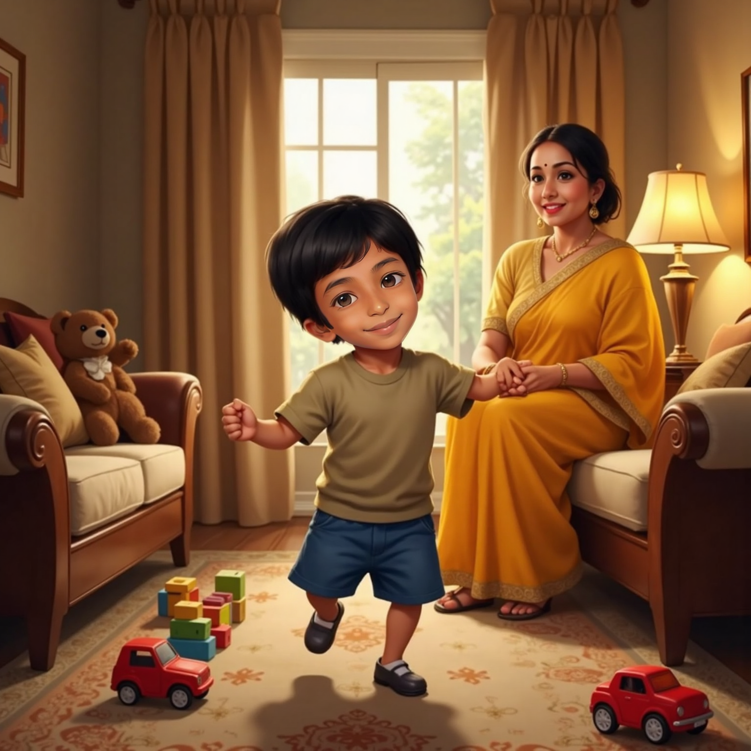 In the cozy living room under evening lamplight, Siva Avaneesh skips toward a smiling woman in a yellow sari, arms open. Toys litter the carpet as he excitedly recounts the day’s discoveries.