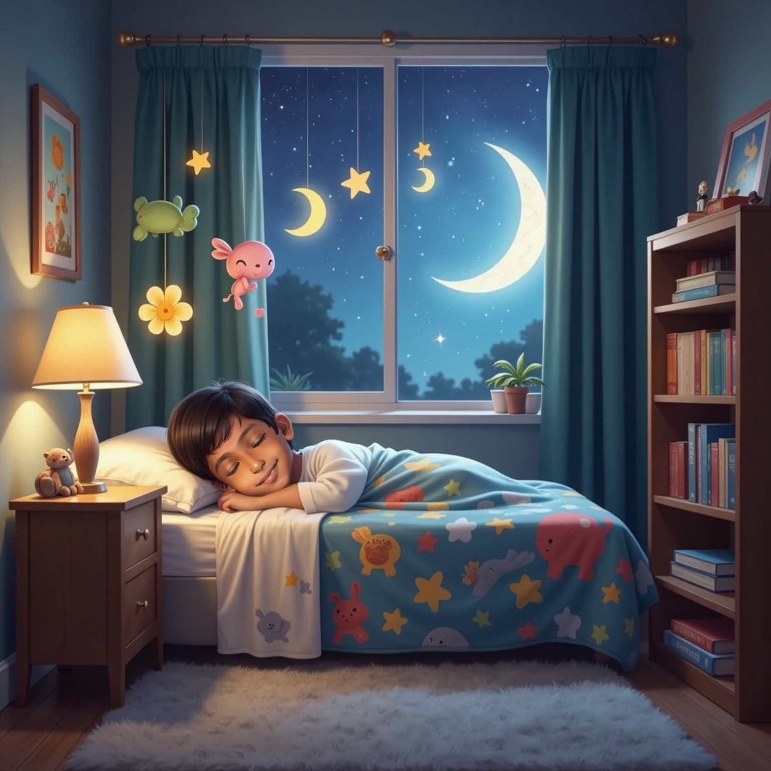 At night in his moonlit bedroom, Siva Avaneesh sleeps beneath a patterned blanket, smiling. Transparent images of animals, flowers, and balloons swirl above the bed like soft glowing constellations.