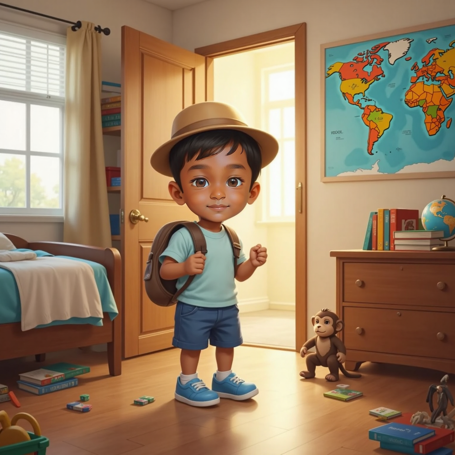 Inside his bright bedroom on a sunny morning, Siva Nikilesh slips on blue sneakers and a tan explorer hat beside the open door. Sunlight streams across colorful toys, highlighting his wide smile.