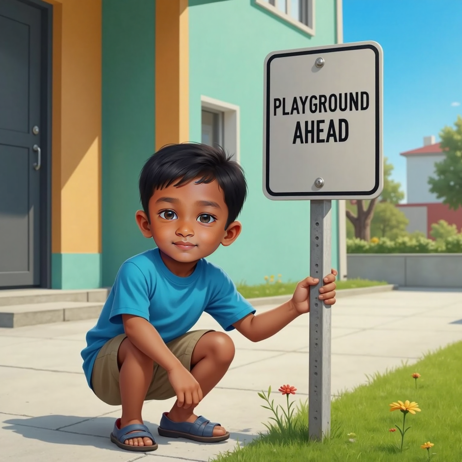 On a bright sidewalk at midday, Siva Nikilesh kneels next to a metal street sign shaped like a perfect square. He gently touches one corner, grinning proudly under the clear blue sky.
