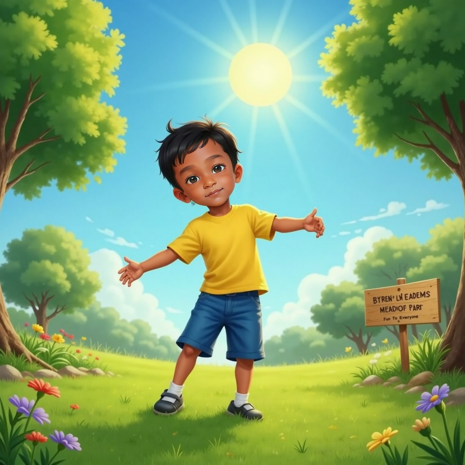 In a green park under a bright midday sun, Siva Nikilesh twirls on the grass while gazing up at the glowing circular sun overhead. Sunlight sparkles around him and his delighted grin.