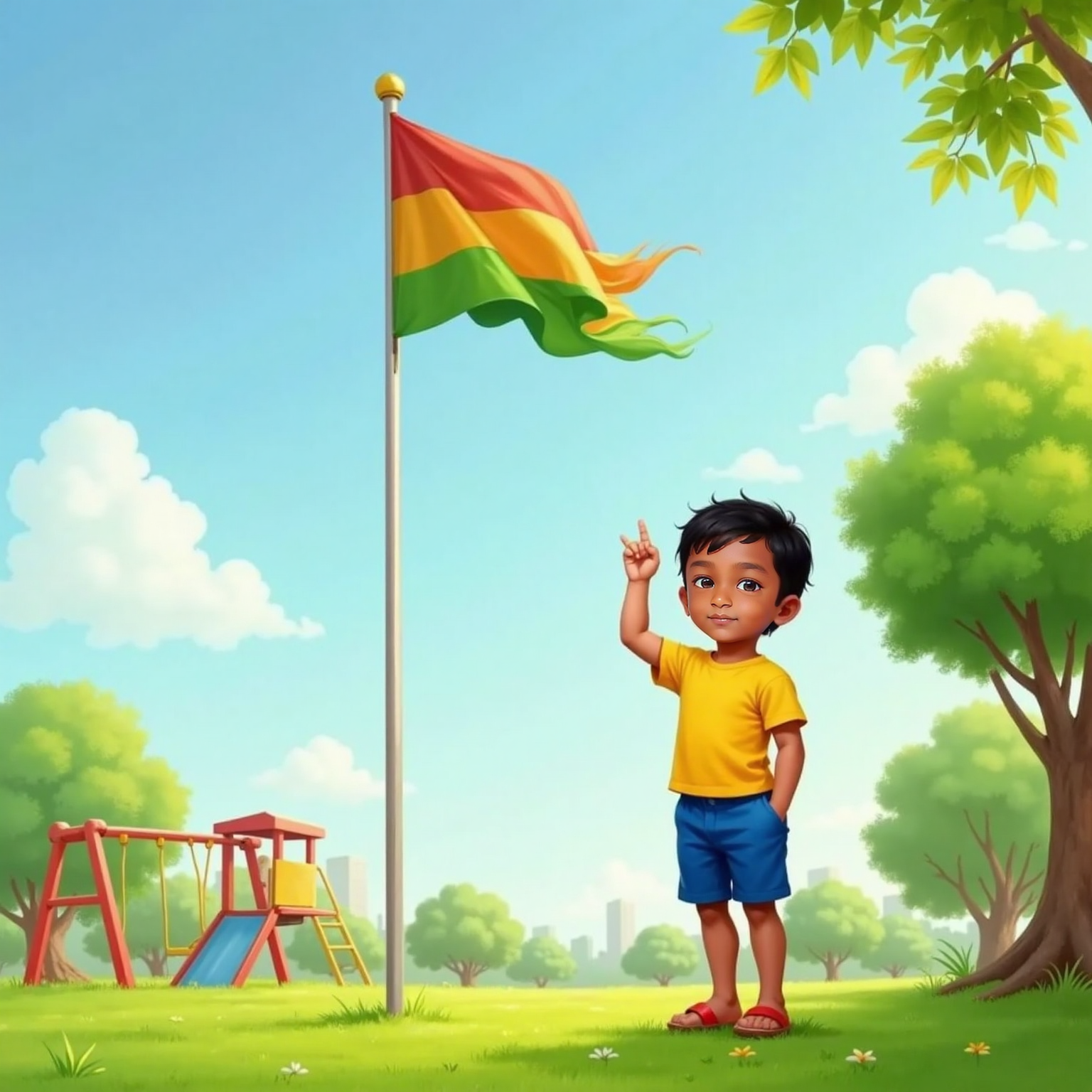 At the park flagpole on a breezy afternoon, Siva Nikilesh looks up, counting with raised fingers the three corners of a fluttering triangular flag. The cloth ripples against a pale blue sky, reflecting in his excited eyes.