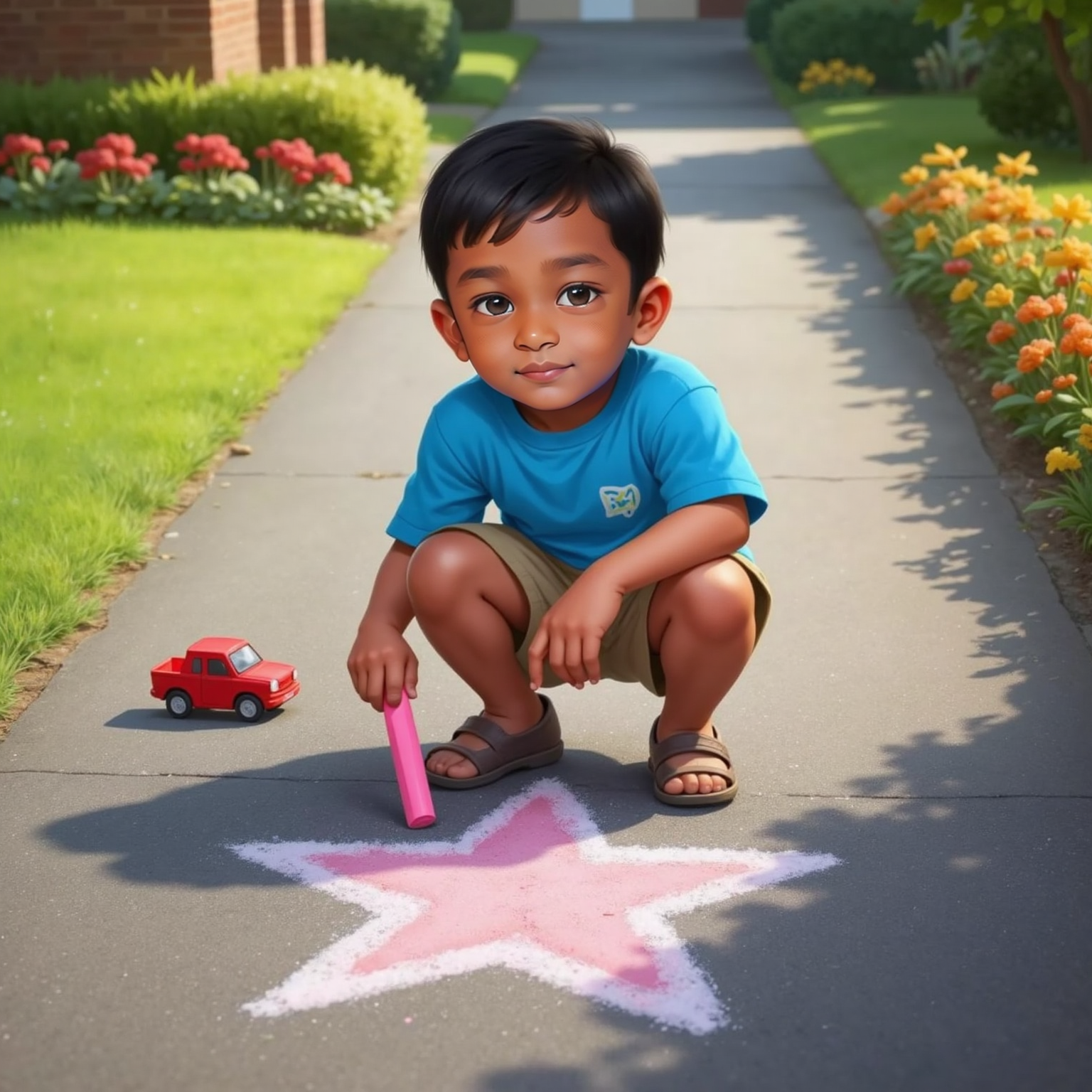 On a sunny driveway, Siva Nikilesh crouches over gray pavement, drawing a five-pointed star with pink chalk. The fresh chalk dust glows in the afternoon light as he beams proudly.