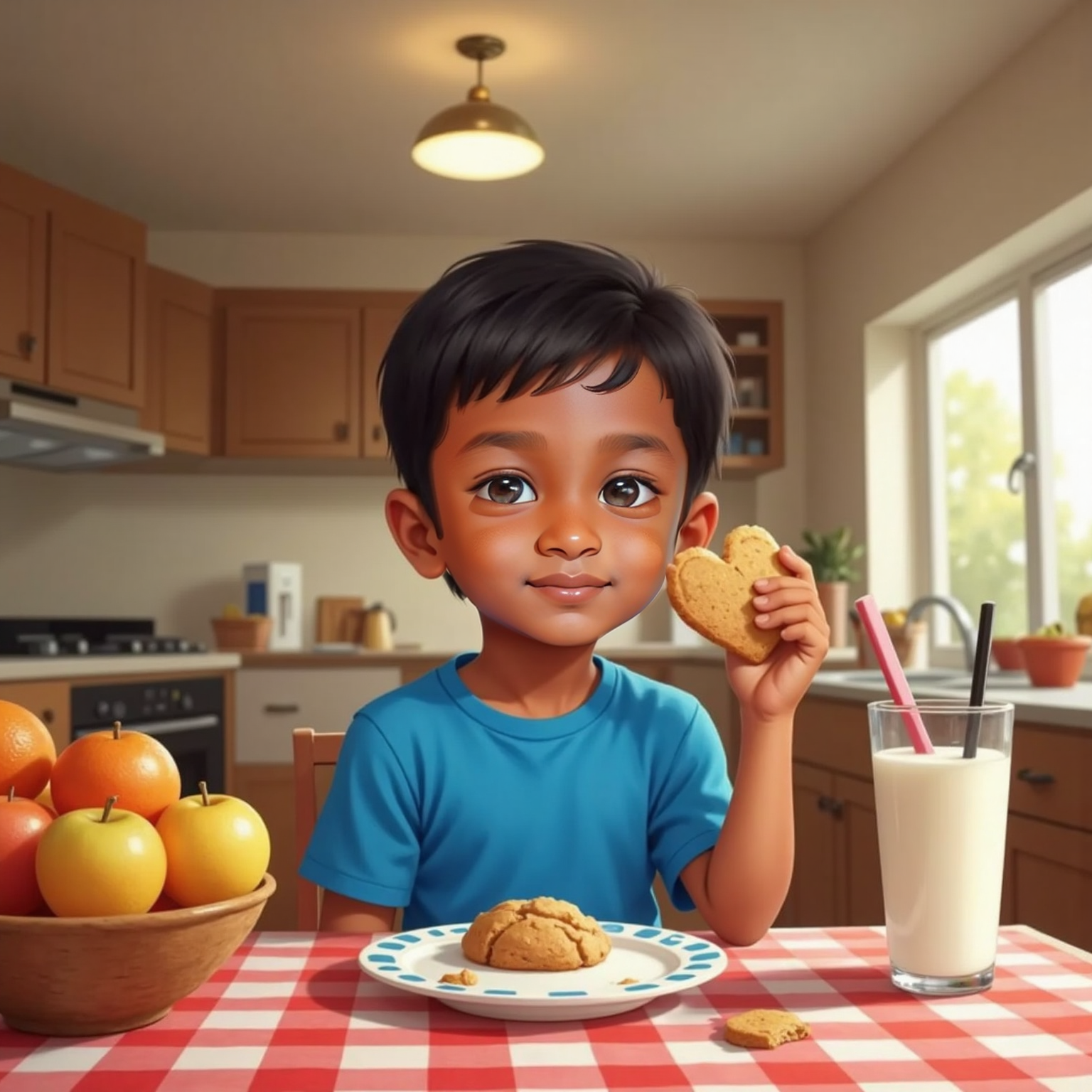 At the kitchen table under warm ceiling lights, Siva Nikilesh holds a heart-shaped cookie near his mouth, cheeks lifted in a joyful smile. Crumbs rest on a patterned plate beside a glass of milk.