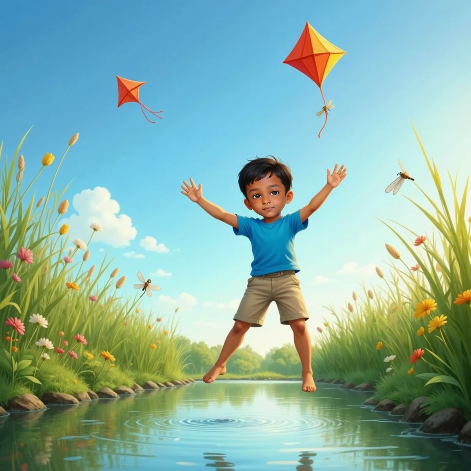 Beside a sparkling pond on a breezy afternoon, Siva Nikilesh leaps with arms up toward a diamond-shaped kite dancing in the sky. Tall reeds sway behind him, reflecting in the sunlit water.