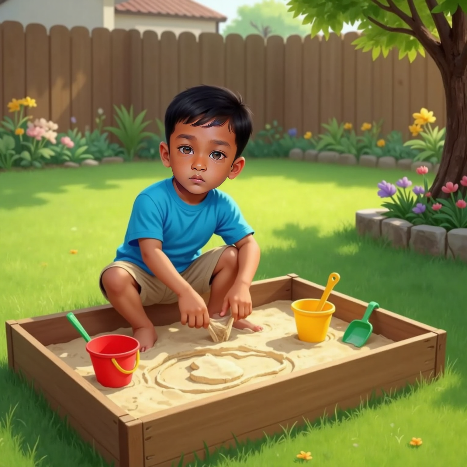 In a backyard sandbox on a bright morning, Siva Nikilesh uses a thin stick to outline an oval in the soft sand. Tiny toy buckets sit nearby as he concentrates with tongue between teeth.