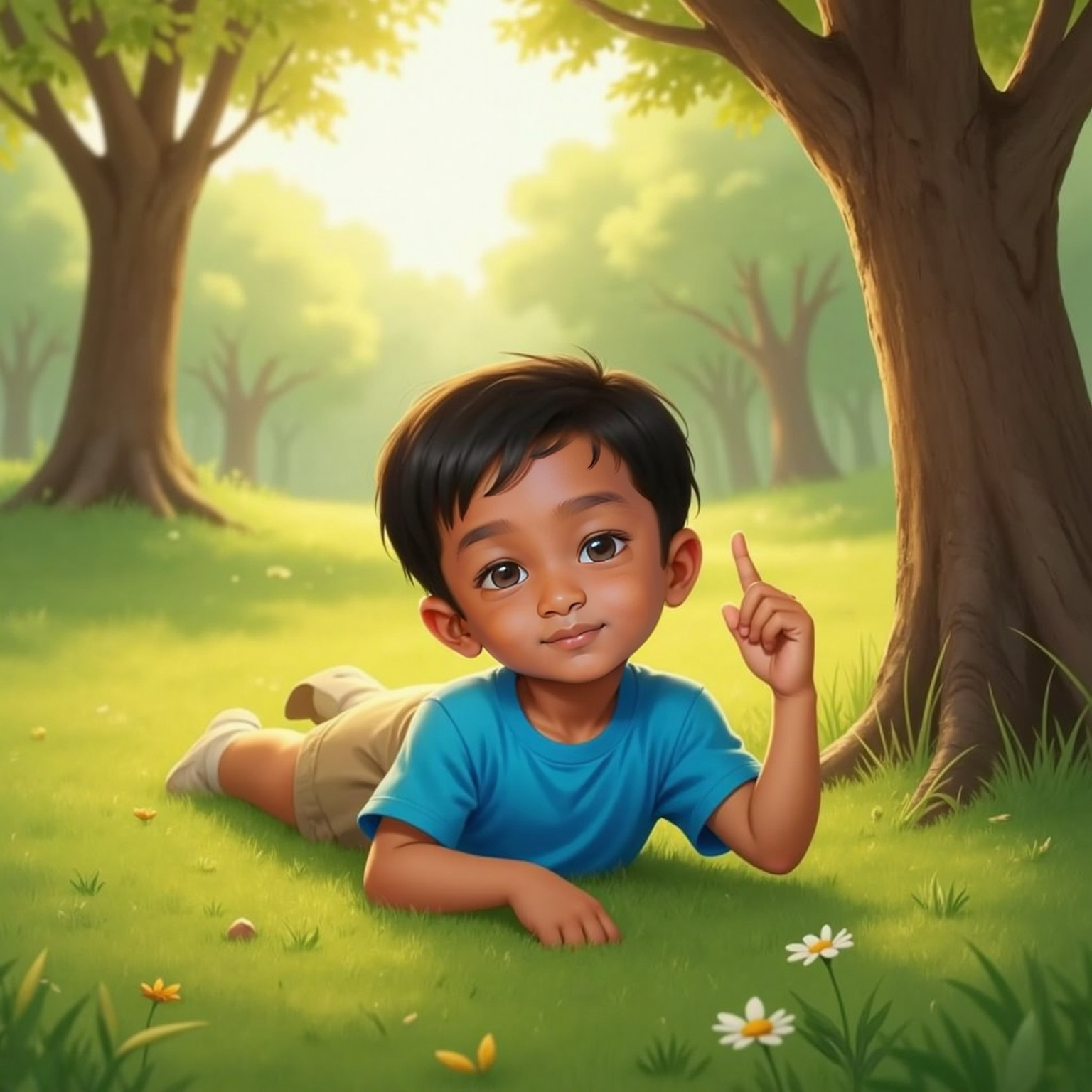 Sprawled on soft park grass in late afternoon light, Siva Nikilesh points around him naming invisible squares, triangles, circles and stars. Golden sunlight filters through nearby trees, illuminating his proud, thoughtful face.