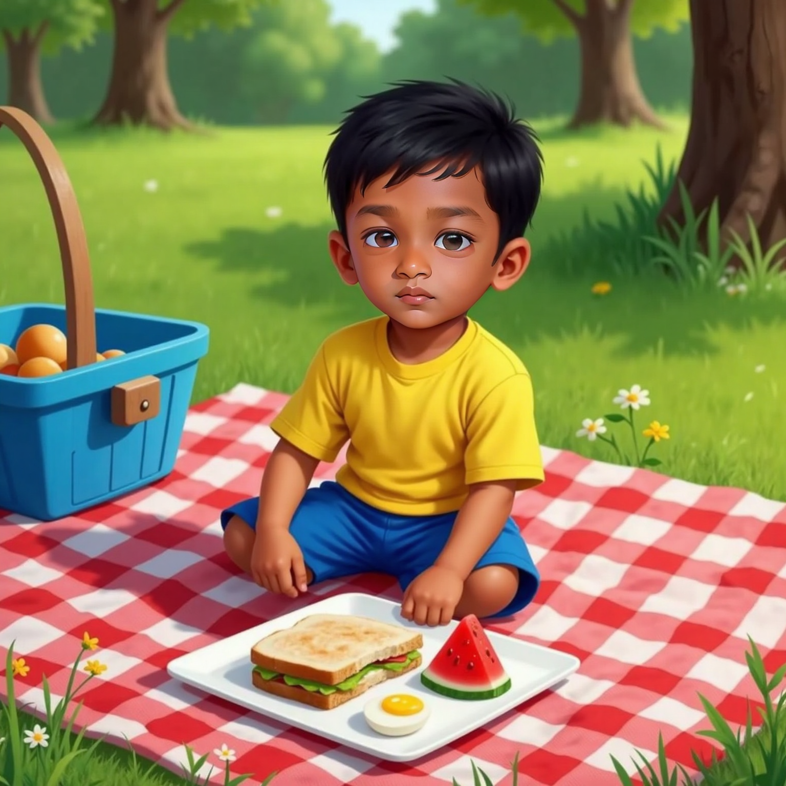 On a checkered picnic blanket at midday, Siva Nikilesh arranges a round sandwich, triangle fruit slice, and oval egg on a square plate. Sunshine casts crisp shadows as he giggles before taking a bite.