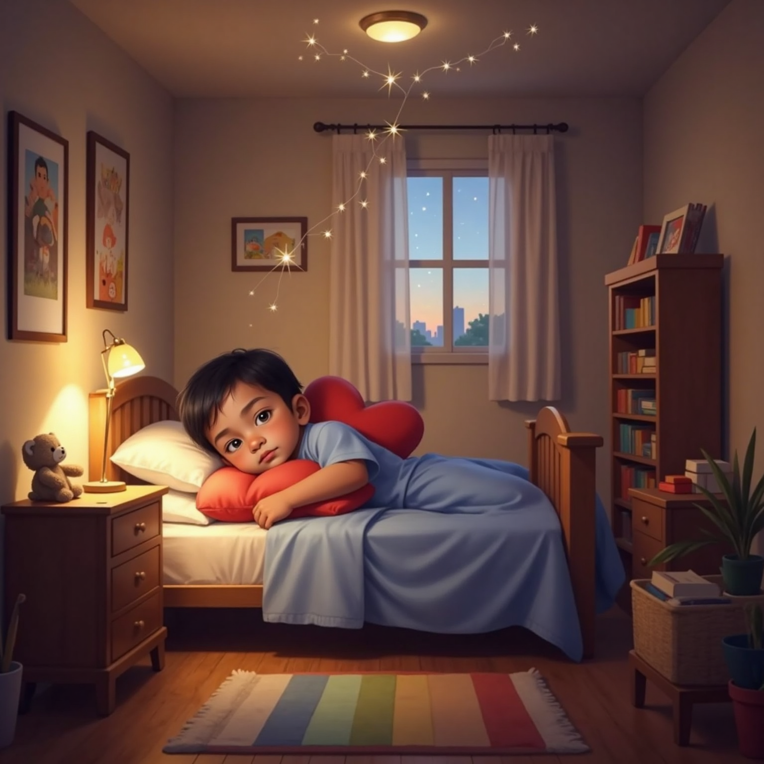 Inside his dim bedroom at sunset, soft orange light glows through curtains as Siva Nikilesh hugs a plush heart-shaped pillow on his bed. His eyes close gently, stars from a night-light twinkling on the wall.