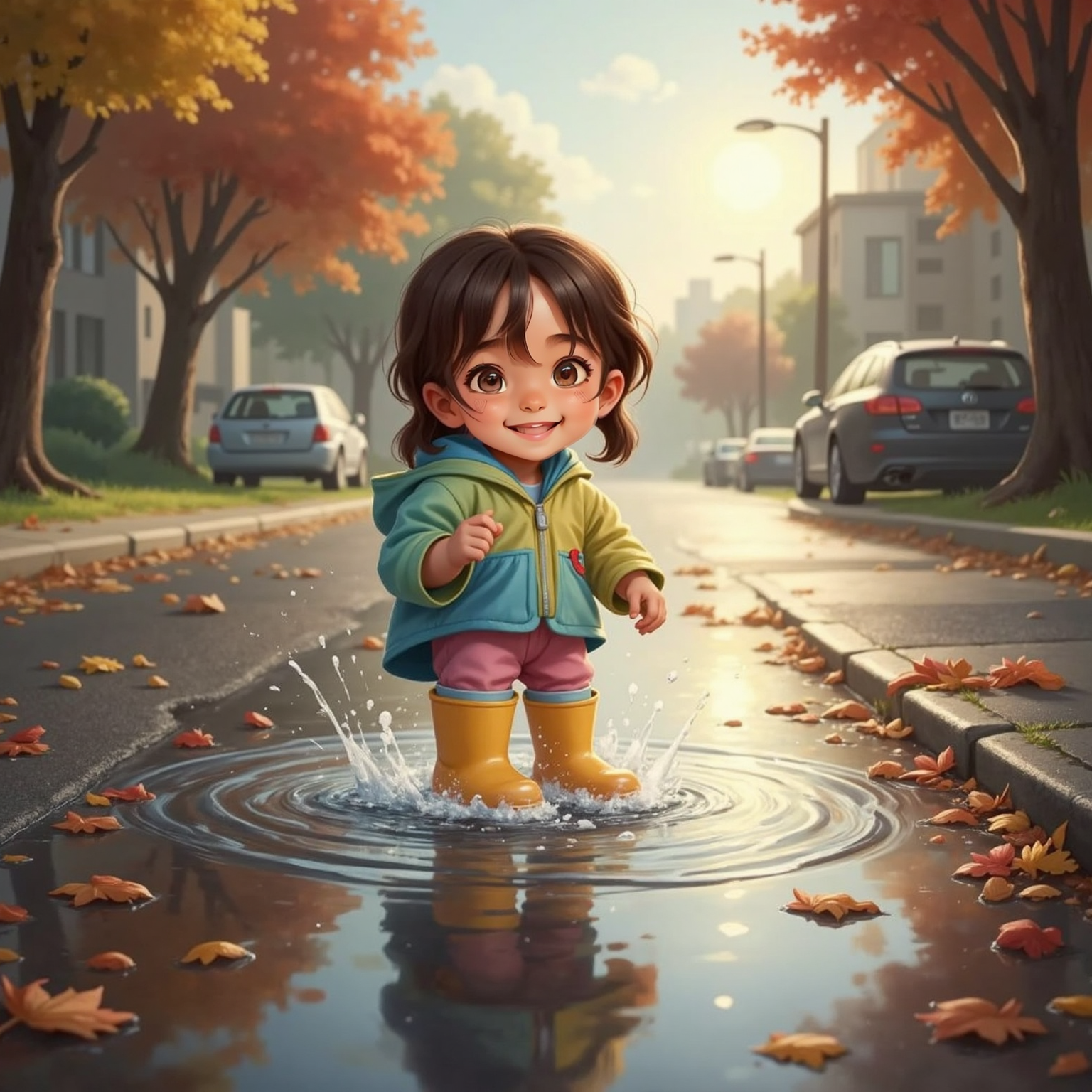 On a rainy sidewalk outdoors at midday, a playful child with short brown hair stomps one boot into a large puddle, water splashing upward around them. Sunlight filters through clouds, reflecting in ripples and droplets.