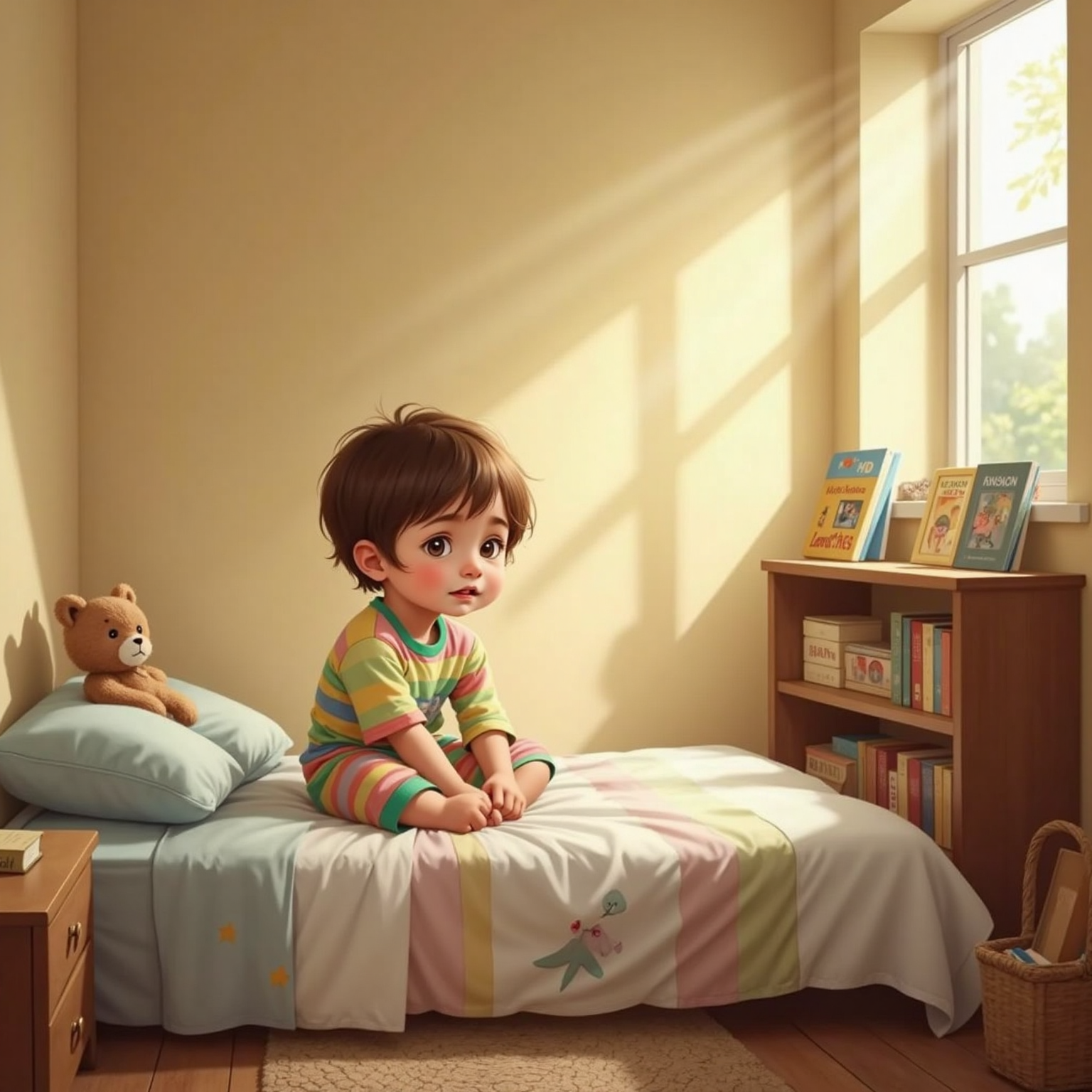 Inside a cozy bedroom at early morning, a playful child with short brown hair sits on the bed watching golden sunbeams crawl across the pale wall. Soft dawn light pours through the window, casting moving stripes that brighten the room.