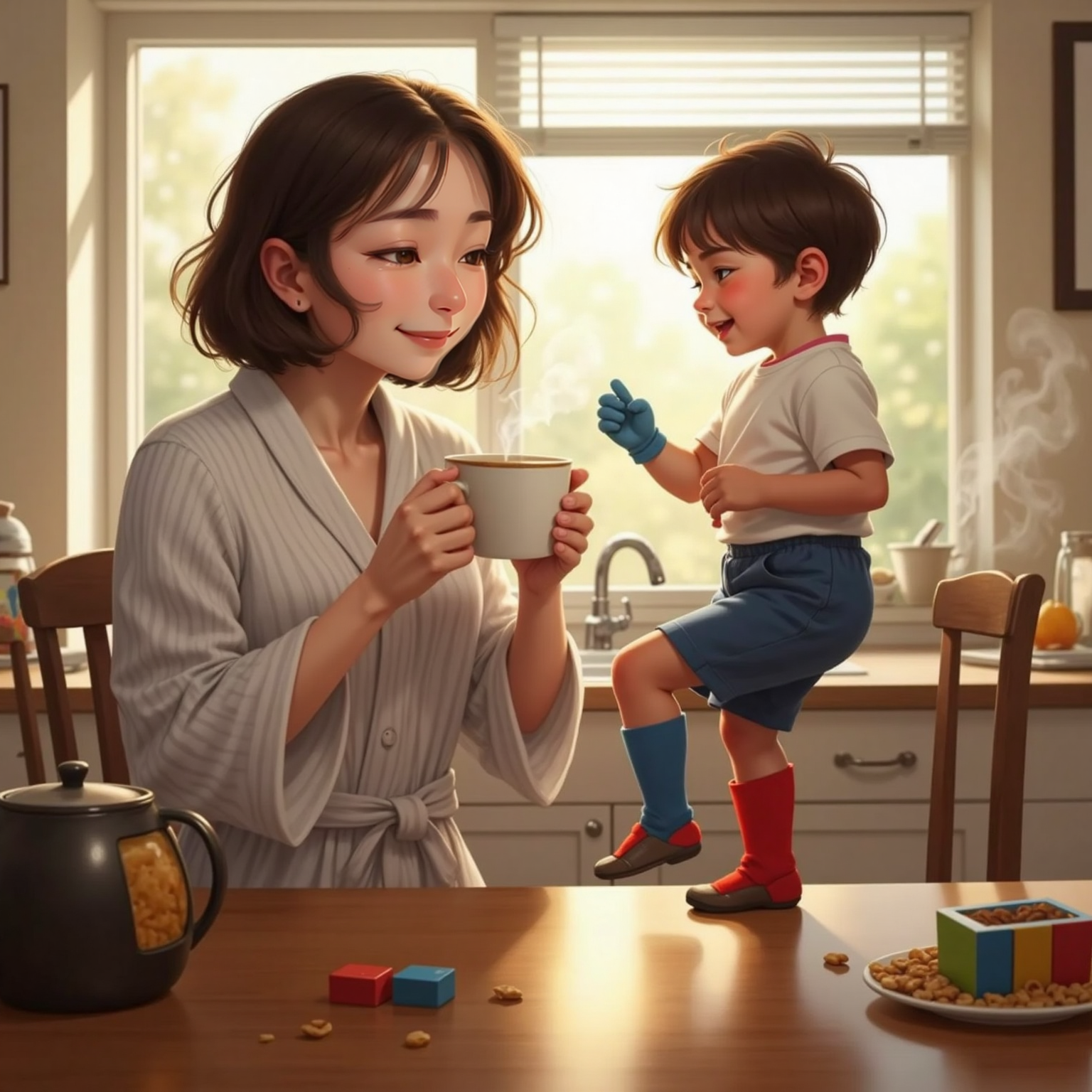 In a sunlit kitchen, a playful child with short brown hair stands on a chair, showing one blue sock and one red sock. A sleepy mother with tousled hair in a striped robe sips coffee, smiling gently.