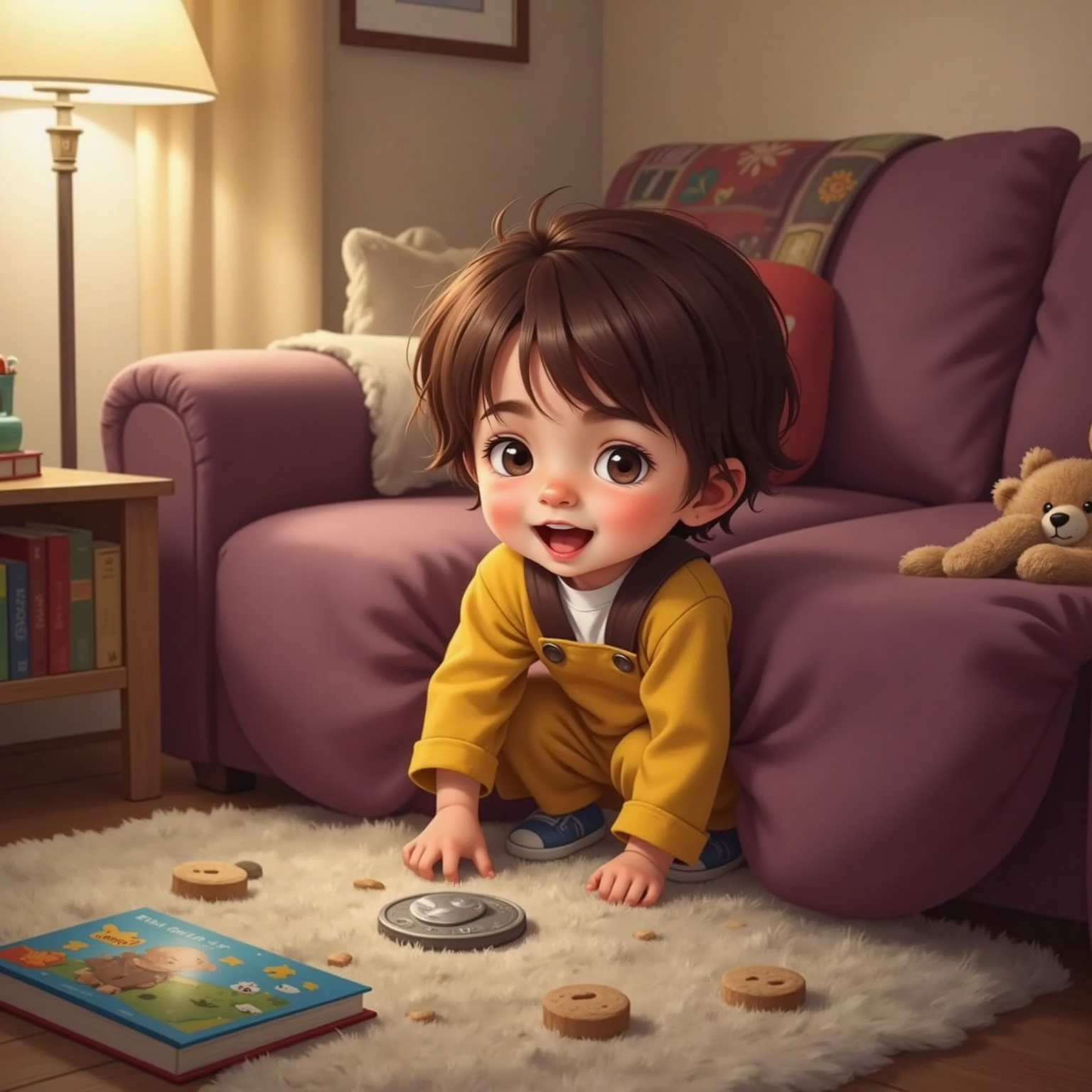On an afternoon living-room couch, a playful child with short brown hair kneels between scattered cushions, triumphantly holding a shiny dime and an old button above crumbs. Warm indoor lamp light bathes the scene, highlighting little dust motes.