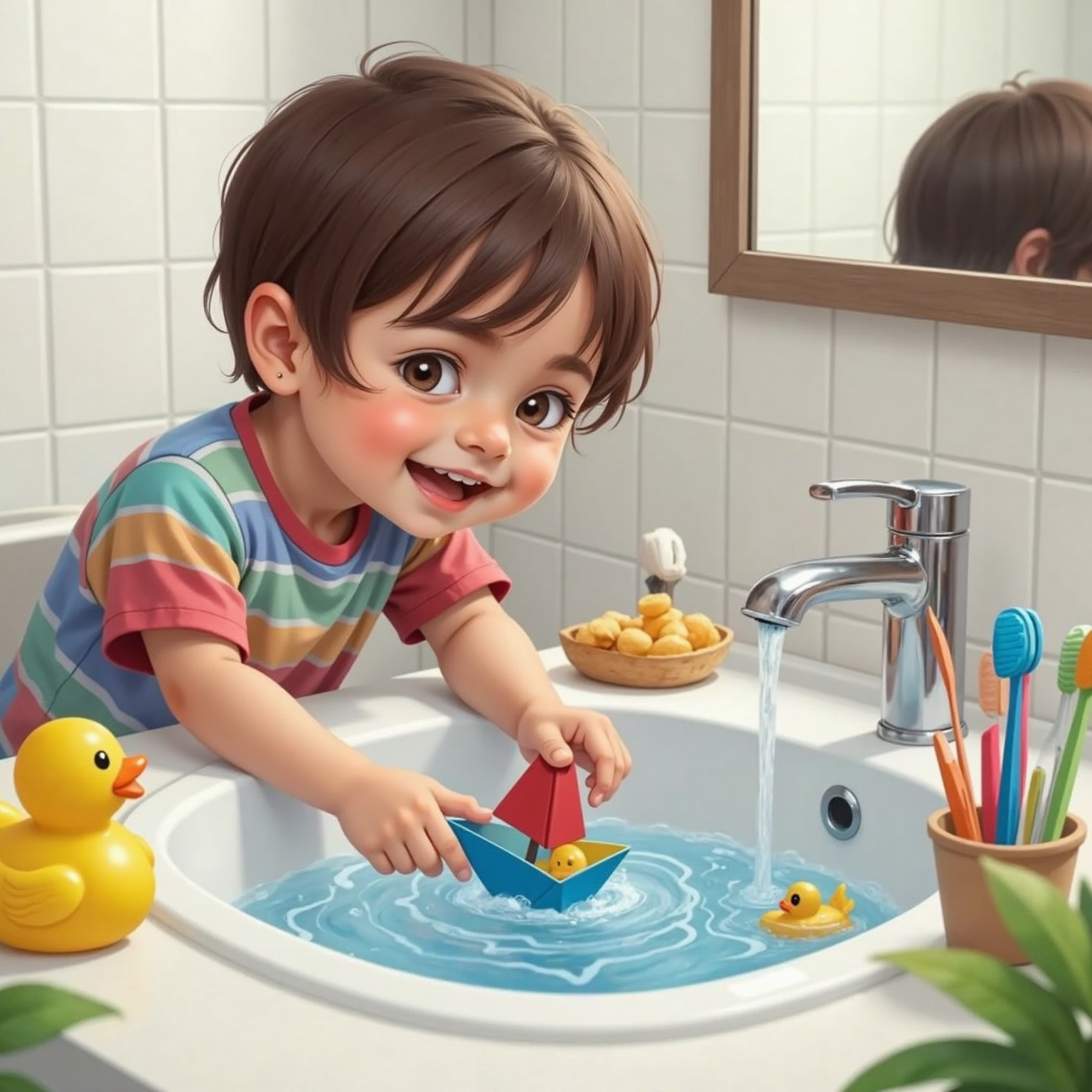 In a brightly lit bathroom, a playful child with short brown hair leans over a filling sink, guiding a small paper boat that twirls atop swirling water. Overhead light glints off droplets sliding toward the silver drain.