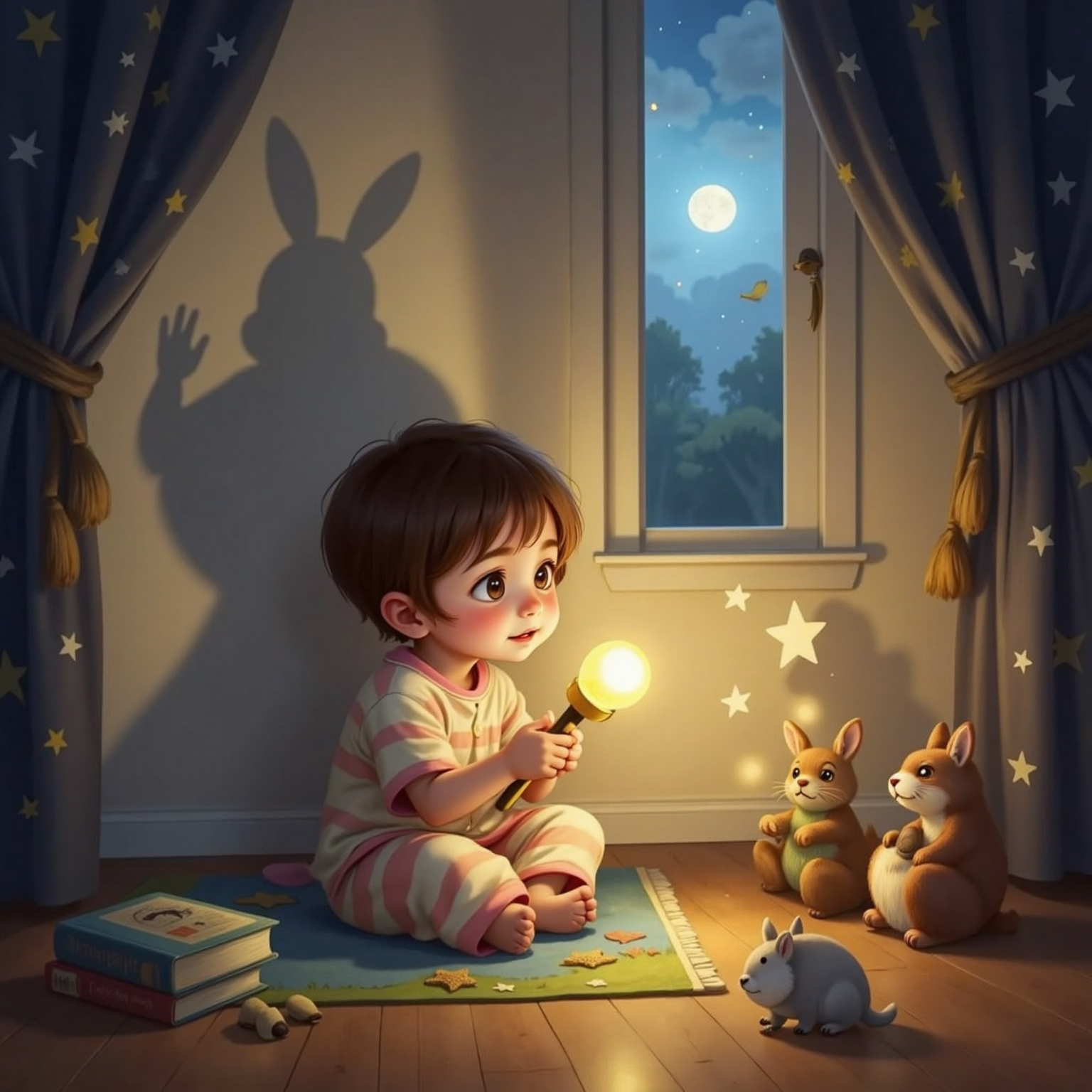 At night in a darkened bedroom, a playful child with short brown hair sits beneath flashlight glow, hands raised to cast bunny-ear and dragon-tail shadows on the wall. Moonlight slips through curtains, mixing cool blue with warm torchlight.