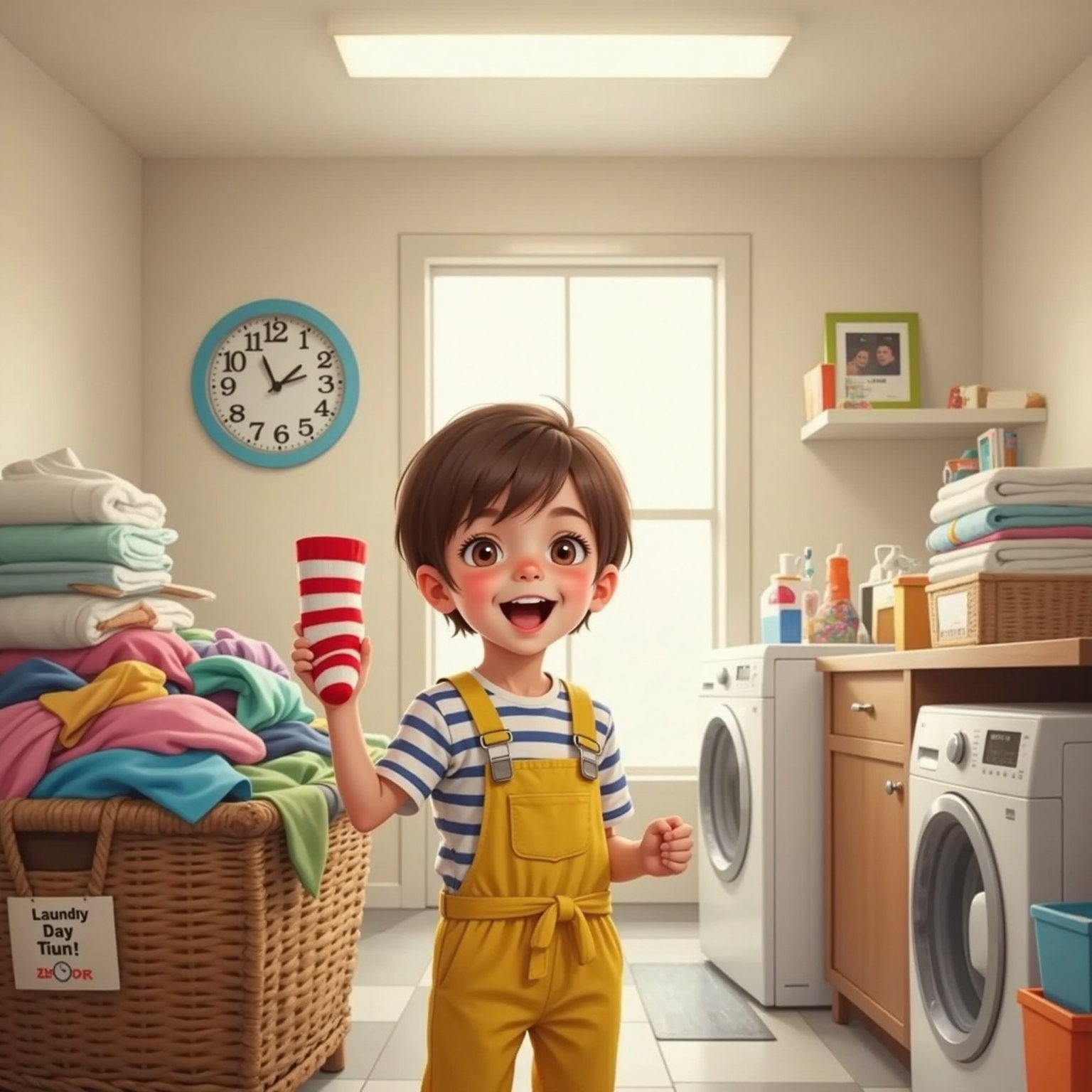 Inside a cluttered laundry room at midday, a playful child with short brown hair holds a lonely striped sock, singing beside a ticking wall clock and overflowing hamper. Fluorescent ceiling lights give the scene a bright, slightly sterile glow.