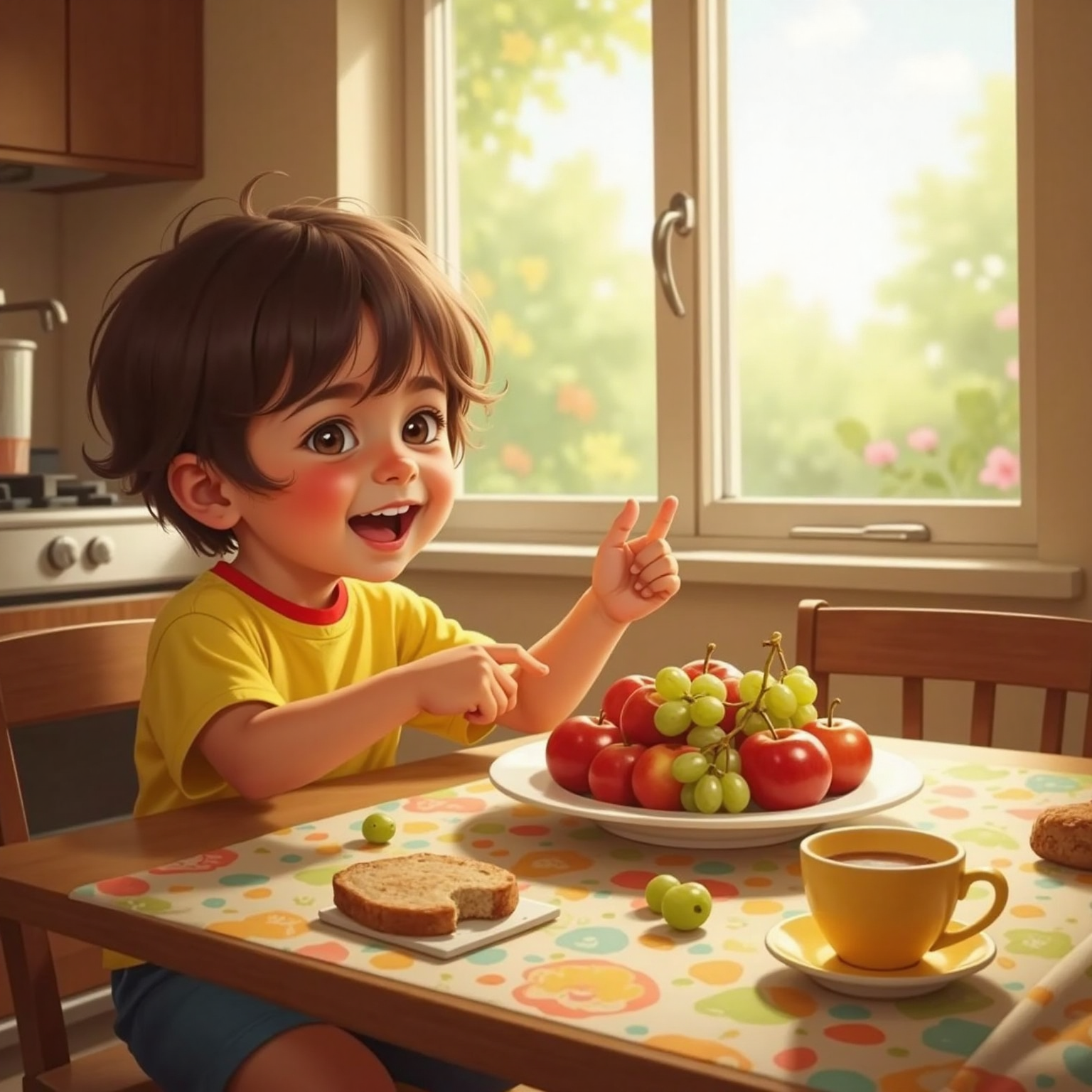 Afternoon sunlight streams through a kitchen window as a playful child with short brown hair sits at a table, pointing excitedly at a plate stacked with red apples and green grapes. The fruit's glossy colors gleam under the warm light.