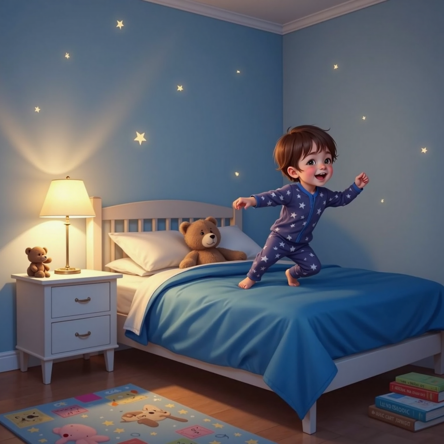 In a softly lit bedroom at night, a playful child with short brown hair spins in star-patterned pajamas beside the bed, arms outstretched like a rocket launch. A small bedside lamp casts golden halos while blankets rumple, ready for dreaming.