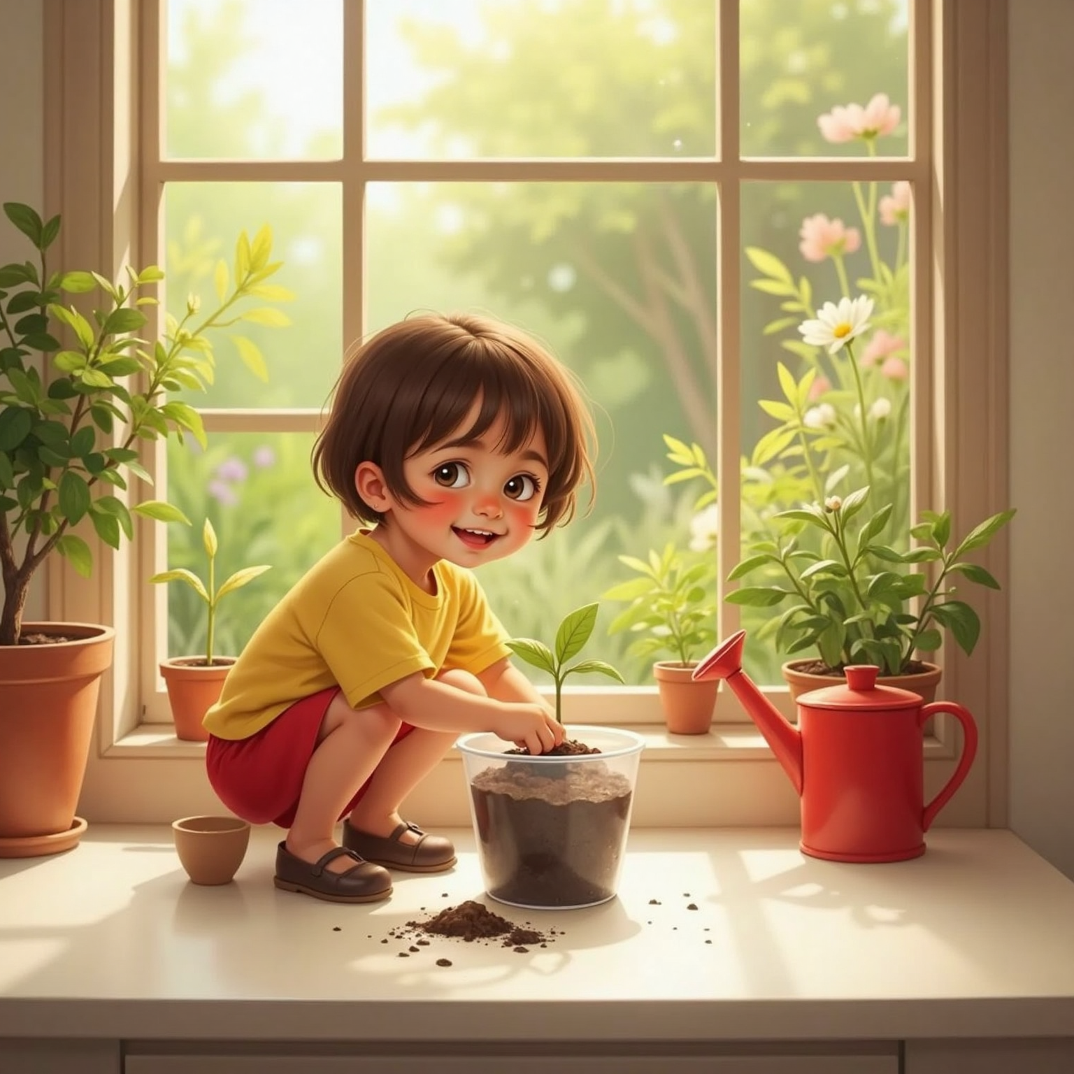 Morning light pours onto a kitchen windowsill where a playful child with short brown hair pats soil around a tiny seed in a clear plastic cup. A small watering can waits nearby, and loose dirt flecks the countertop.