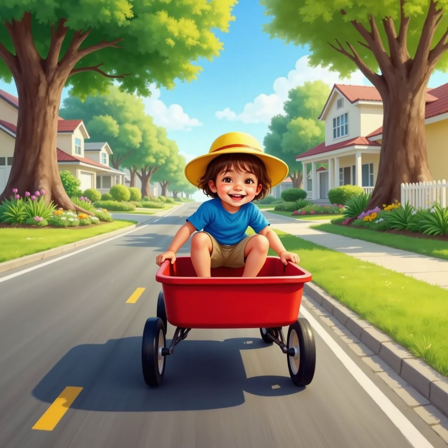 On a sunny neighborhood street, a playful child with short brown hair crouches inside a red wagon hurtling downhill, hair streaming backward in the breeze. Shadows of swaying trees stripe the pavement as wheels blur.