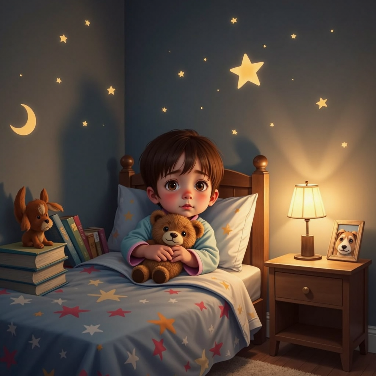 Nighttime embraces a dim bedroom where a playful child with short brown hair nestles under blankets, holding a plush bear while gazing at glowing star stickers on the ceiling. A gentle bedside night-light casts a calming amber glow.