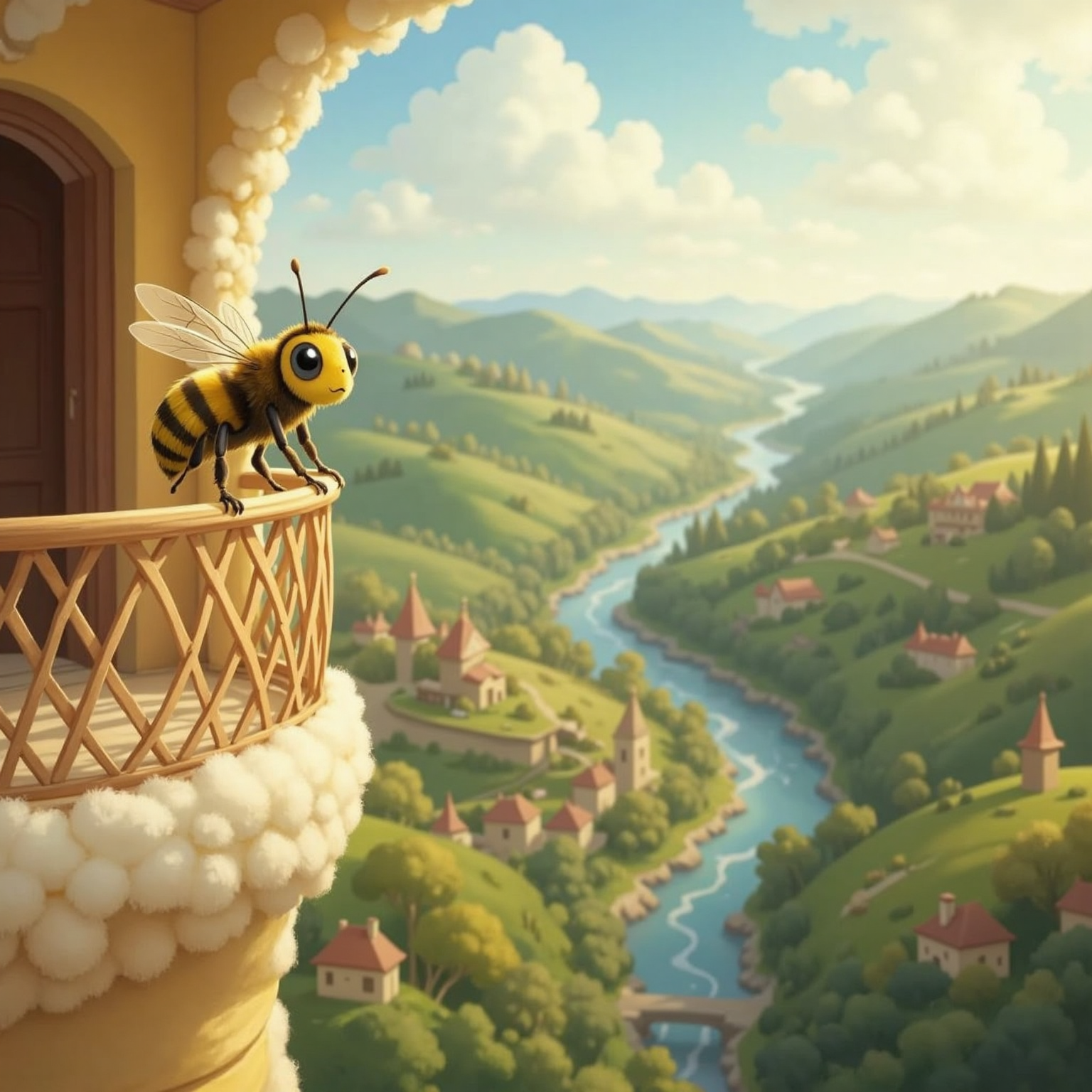 On a sunlit cloud hive balcony high in the sky, Bambi Bright leans over the fluffy railing, eyes wide with wonder at the world below. Little Lou giggles beside her, wings buzzing and face glowing with encouragement.